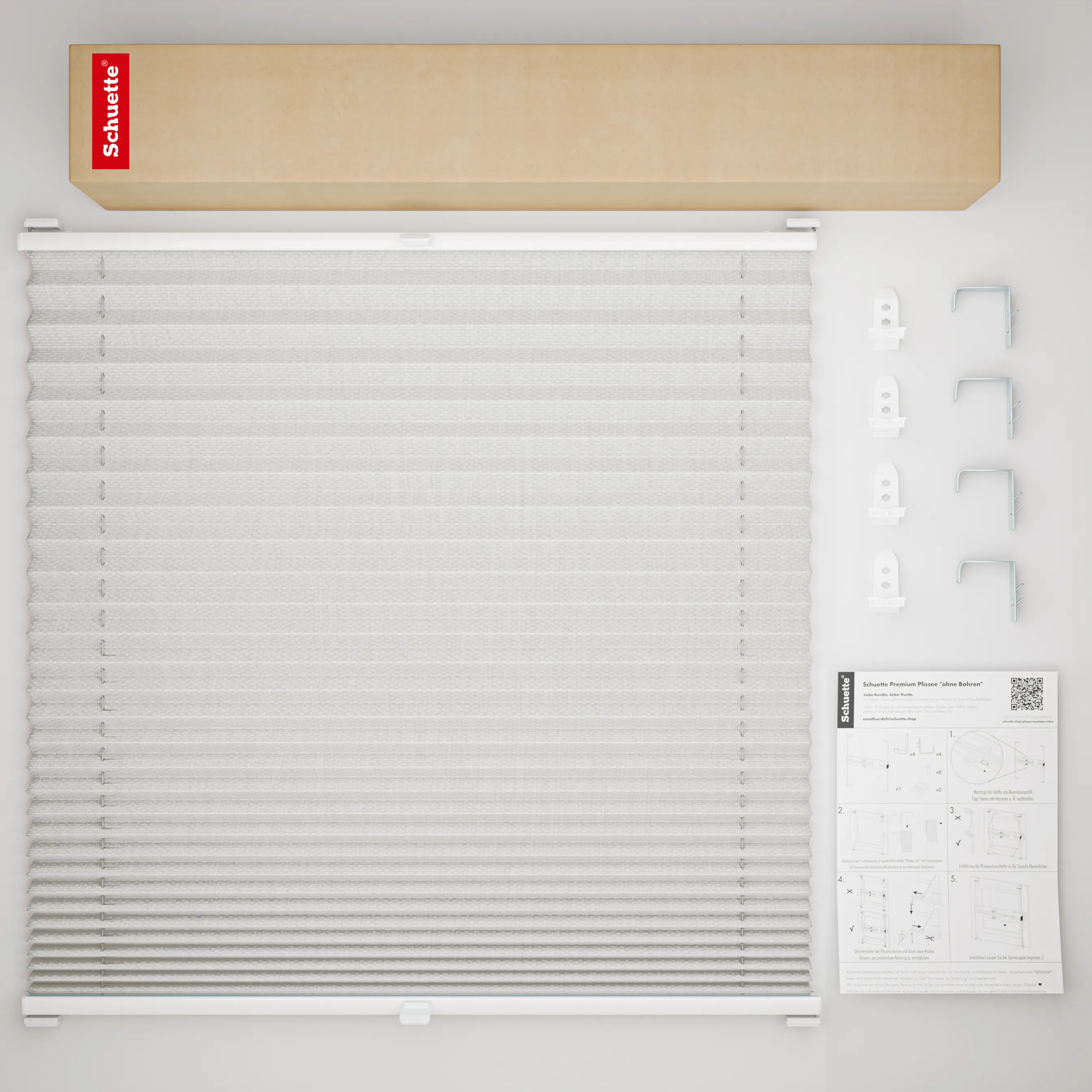 Schuette® Plissee mit Bohren nach Maß • Suprafix "Double 2in1" Schraub- & Klemmhalter • Thermo Kollektion: Spring Cloud (Grau) • Profilfarbe: Braun