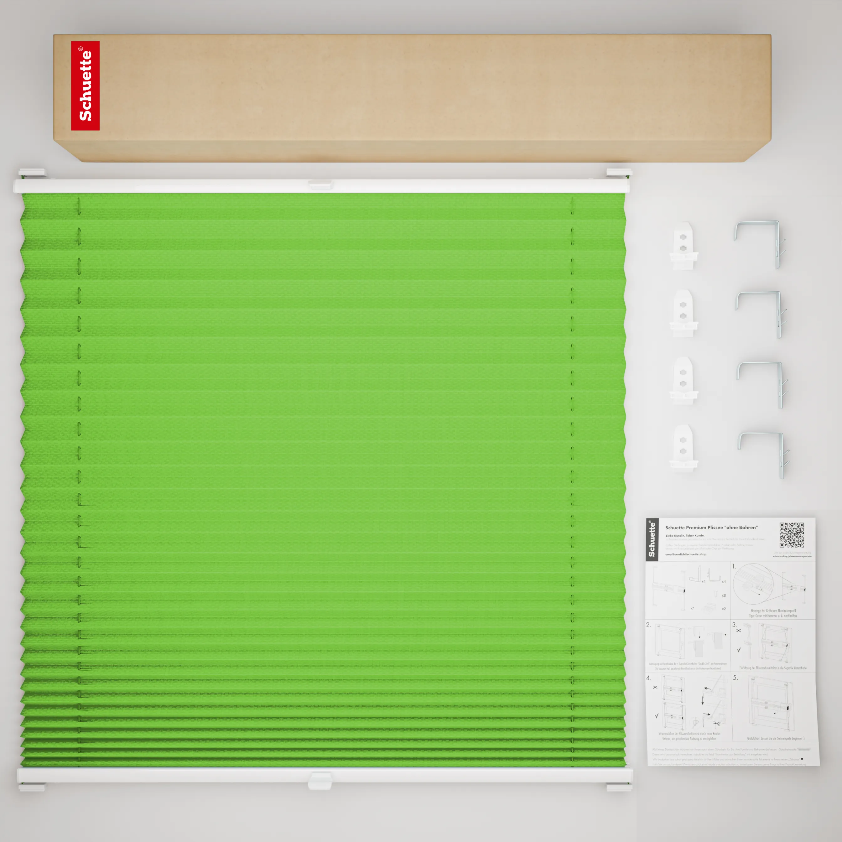 Schuette® Plissee mit Bohren nach Maß • Suprafix "Double 2in1" Schraub- & Klemmhalter • Thermo Kollektion: Leaf Joy (Grün) • Profilfarbe: Weiß