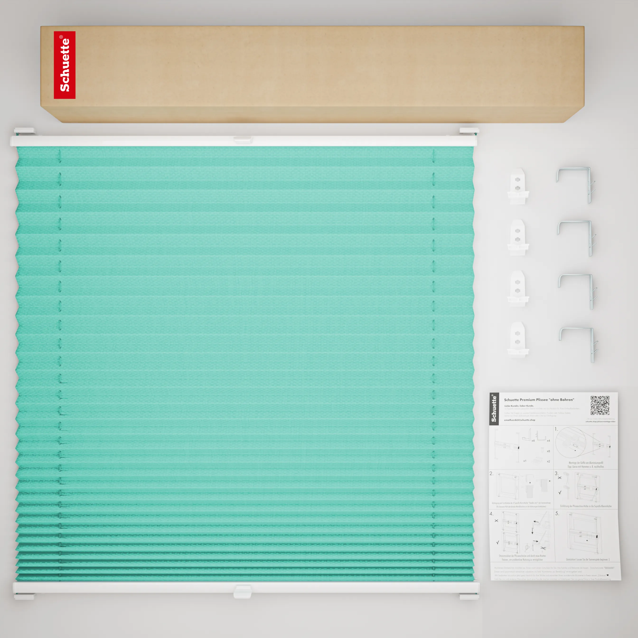 Schuette® Plissee mit Bohren nach Maß • Suprafix "Double 2in1" Schraub- & Klemmhalter • Thermo Kollektion: Tide Tune (Türkis) • Profilfarbe: Braun