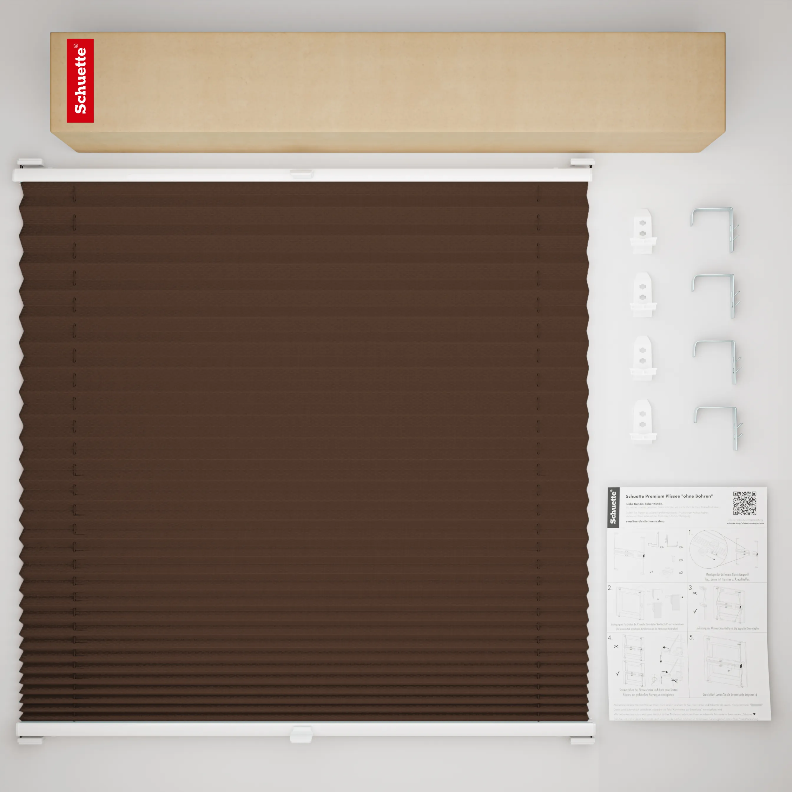 Schuette® Plissee mit Bohren nach Maß • Suprafix "Double 2in1" Schraub- & Klemmhalter • Thermo Kollektion: Toffee (Dunkelbraun) • Profilfarbe: Weiß