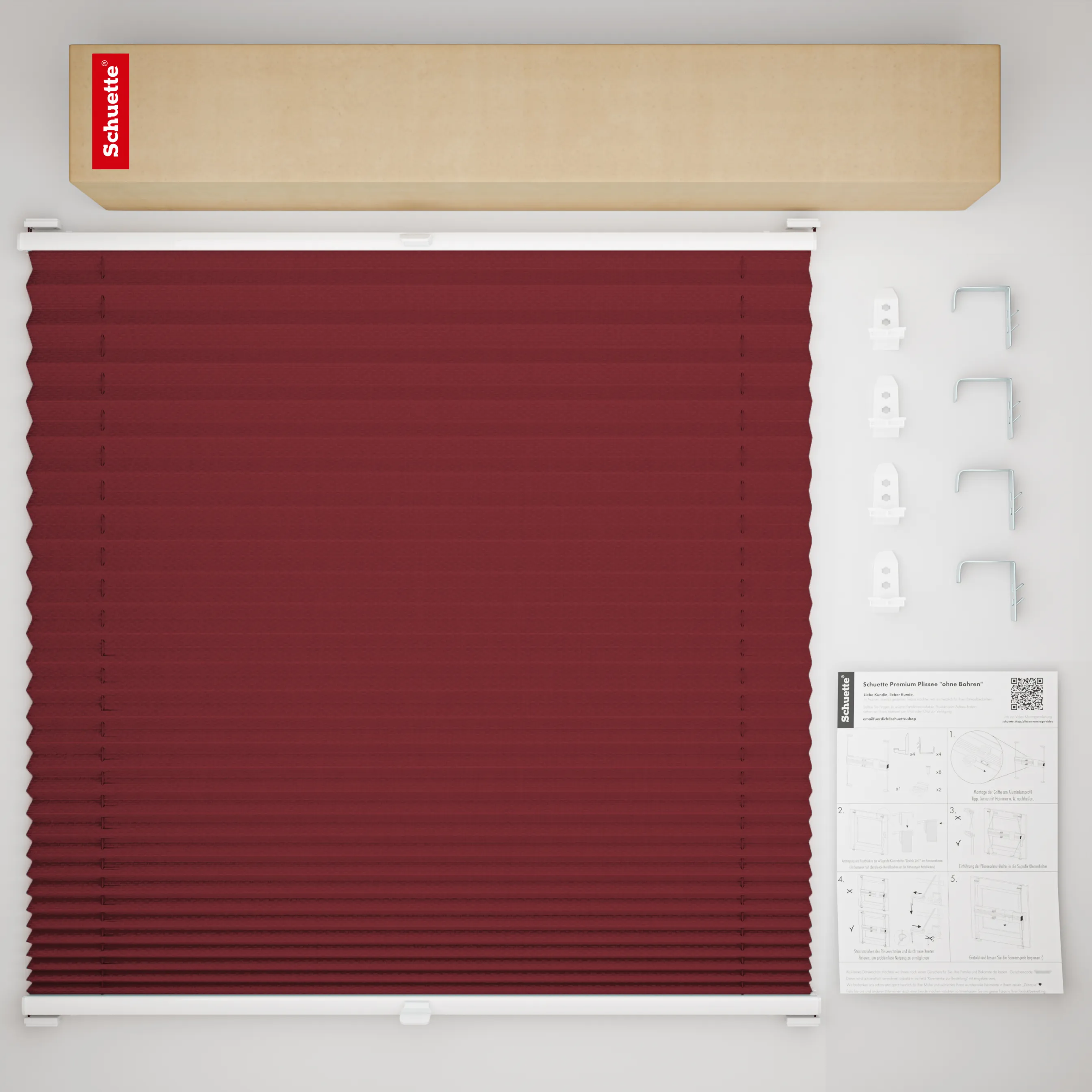 Schuette® Plissee mit Bohren nach Maß • Suprafix "Double 2in1" Schraub- & Klemmhalter • Thermo Kollektion: Scarlet Wine (Rot) • Profilfarbe: Eiche