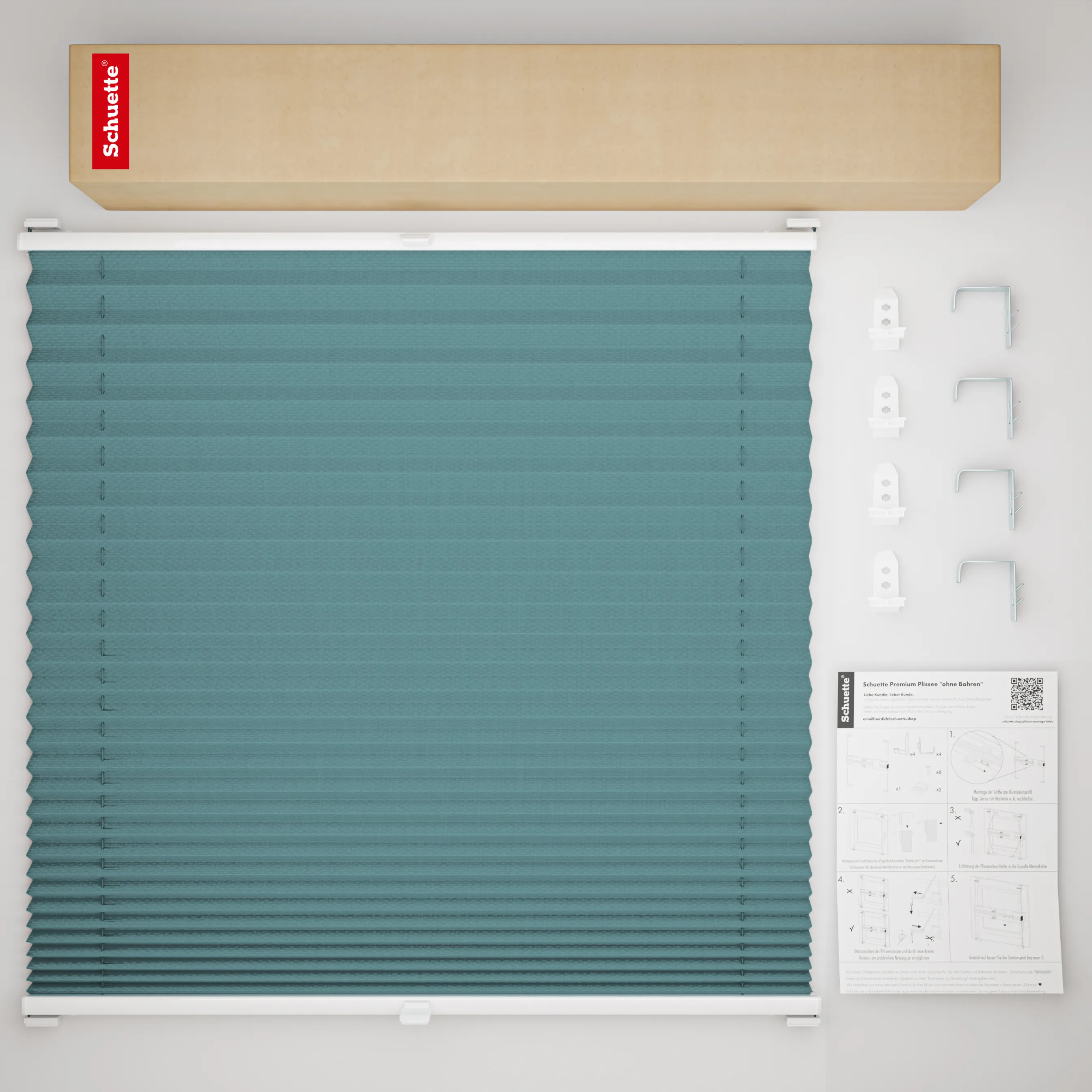 Schuette® Plissee mit Bohren nach Maß • Suprafix "Double 2in1" Schraub- & Klemmhalter • Thermo Kollektion: Teal Aura (Türkis) • Profilfarbe: Weiß