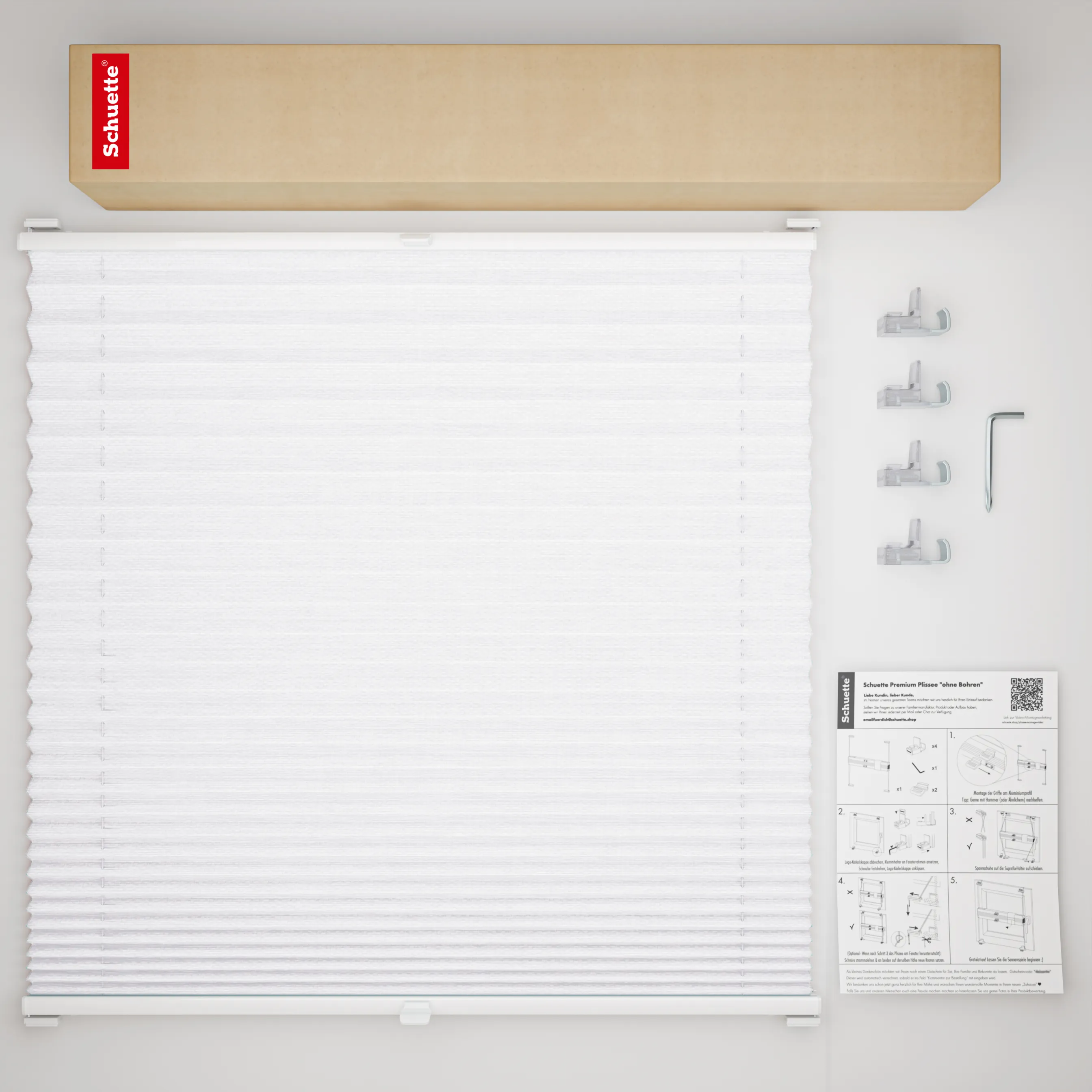 Schuette® Plissee ohne Bohren nach Maß • Suprafix Klemmhalter “Incognito X" • Dolomite Kollektion: Cold Morning (Grau) • Profilfarbe: Weiß