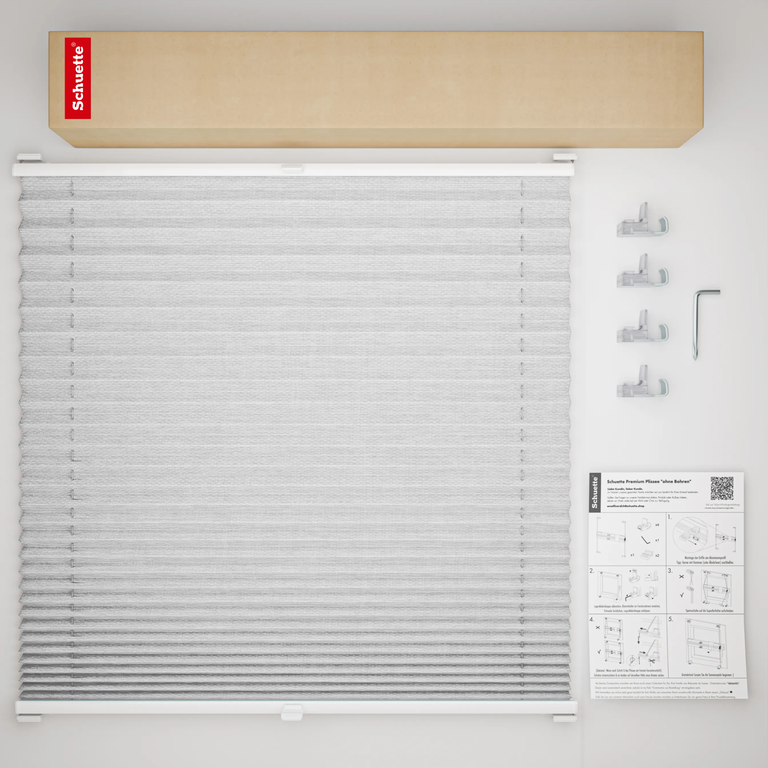 Schuette® Plissee ohne Bohren nach Maß • Suprafix Klemmhalter “Incognito X" • Dolomite Kollektion: Storm Gray (Grau) • Profilfarbe: Walnuss