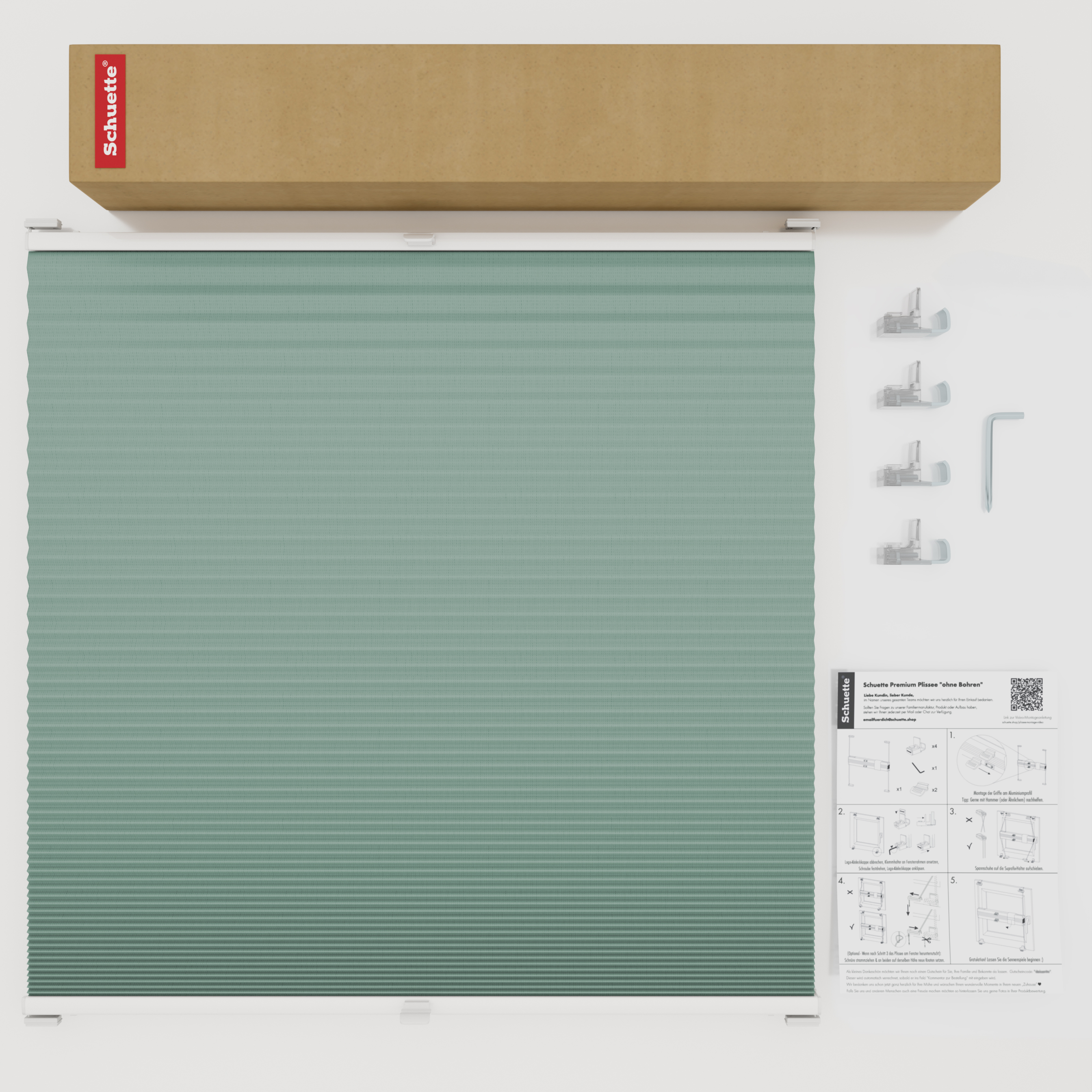 Schuette® Wabenplissee ohne Bohren nach Maß • Suprafix Klemmhalter “Incognito X" • Honey Kollektion: Wicked Emerald (Blassgrün) • Profilfarbe: Braun