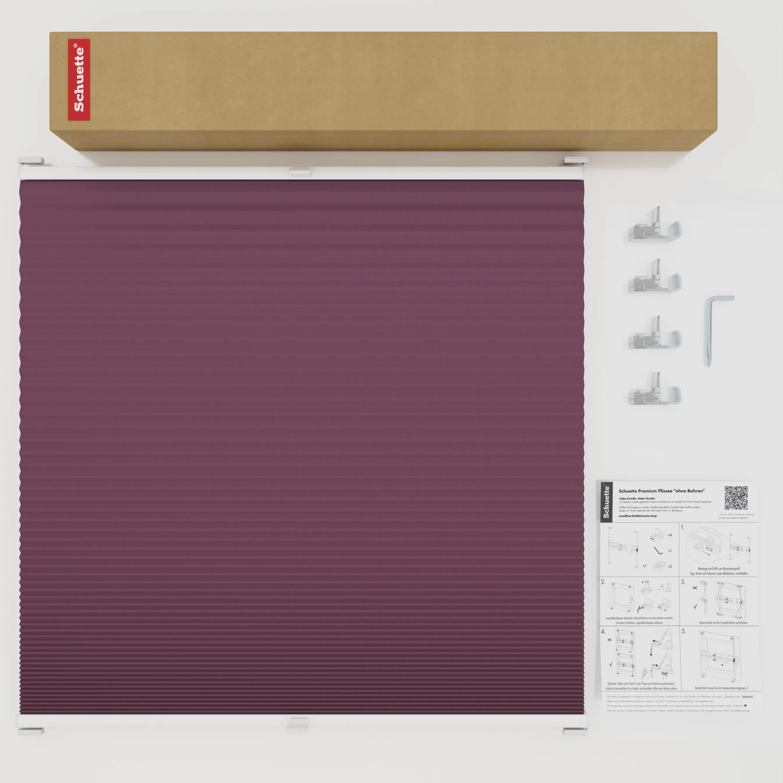 Schuette® Wabenplissee ohne Bohren nach Maß • Suprafix Klemmhalter “Incognito X" • Honey Kollektion: Red Velvet (Purpurrot) • Profilfarbe: Braun