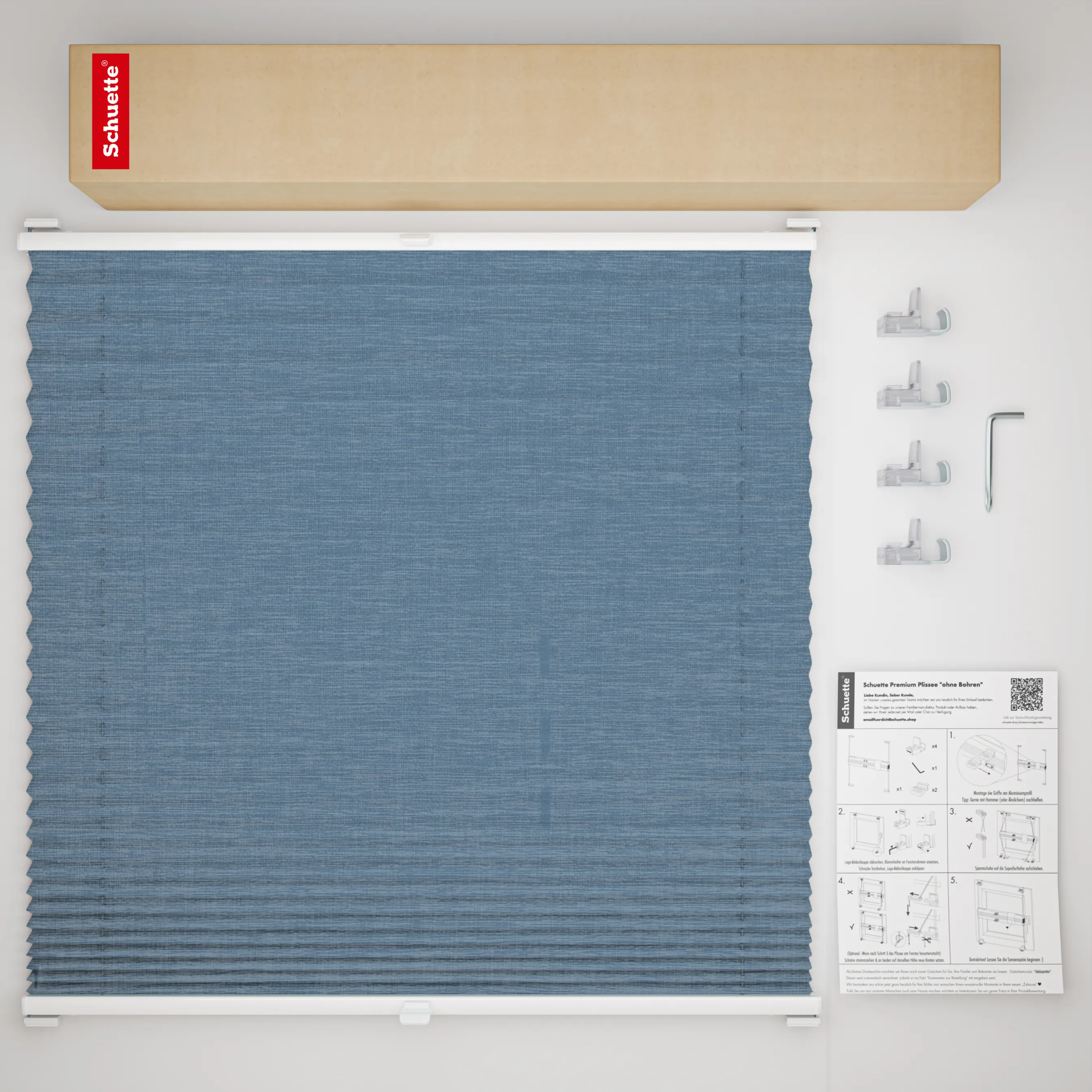 Schuette® Plissee ohne Bohren nach Maß • Suprafix Klemmhalter “Incognito X" • Melange Kollektion: After Rain (Blau) • Profilfarbe: Walnuss