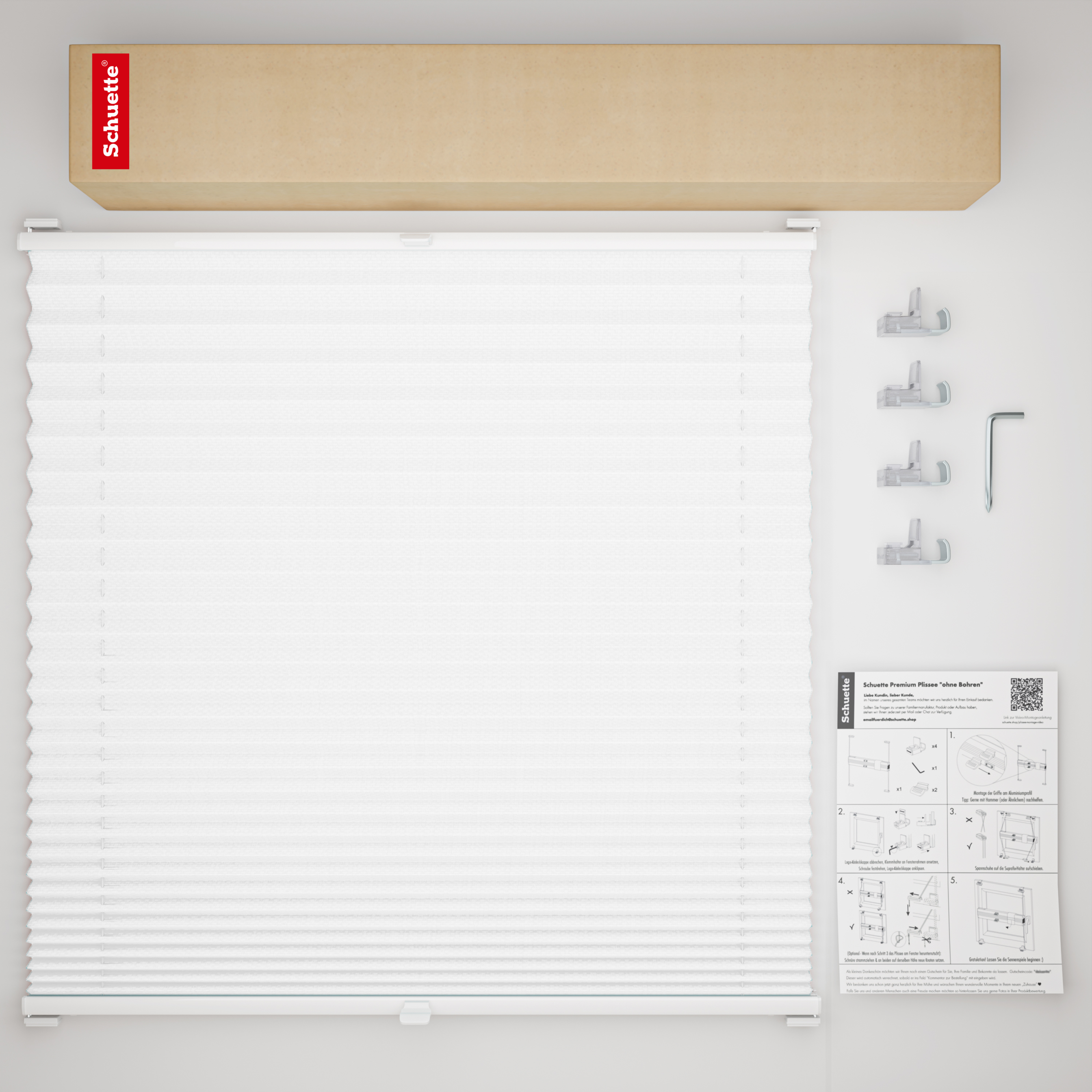 Schuette® Plissee ohne Bohren nach Maß • Suprafix Klemmhalter “Incognito X" • Premium Kollektion: White Day (Weiß) • Profilfarbe: Walnuss
