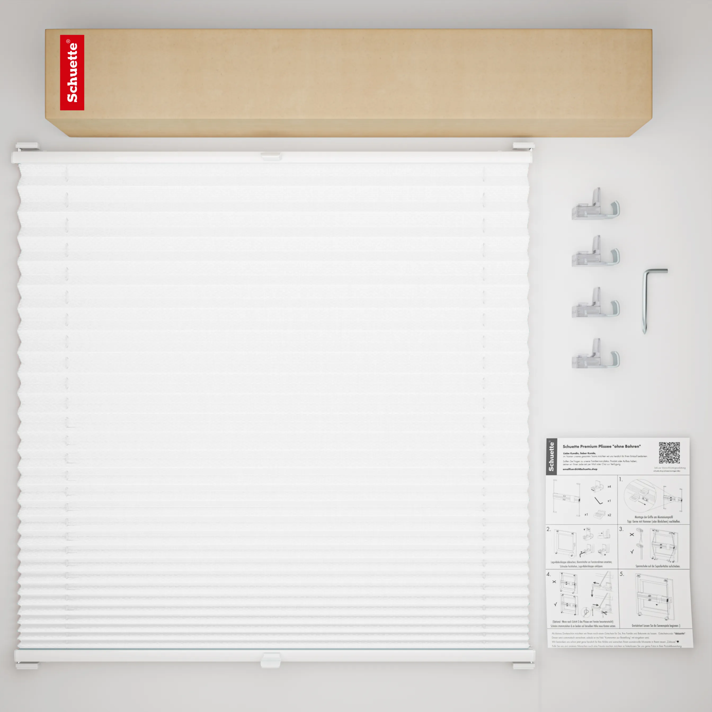 Schuette® Plissee ohne Bohren nach Maß • Suprafix Klemmhalter “Incognito X" • Premium Kollektion: White Day (Weiß) • Profilfarbe: Weiß