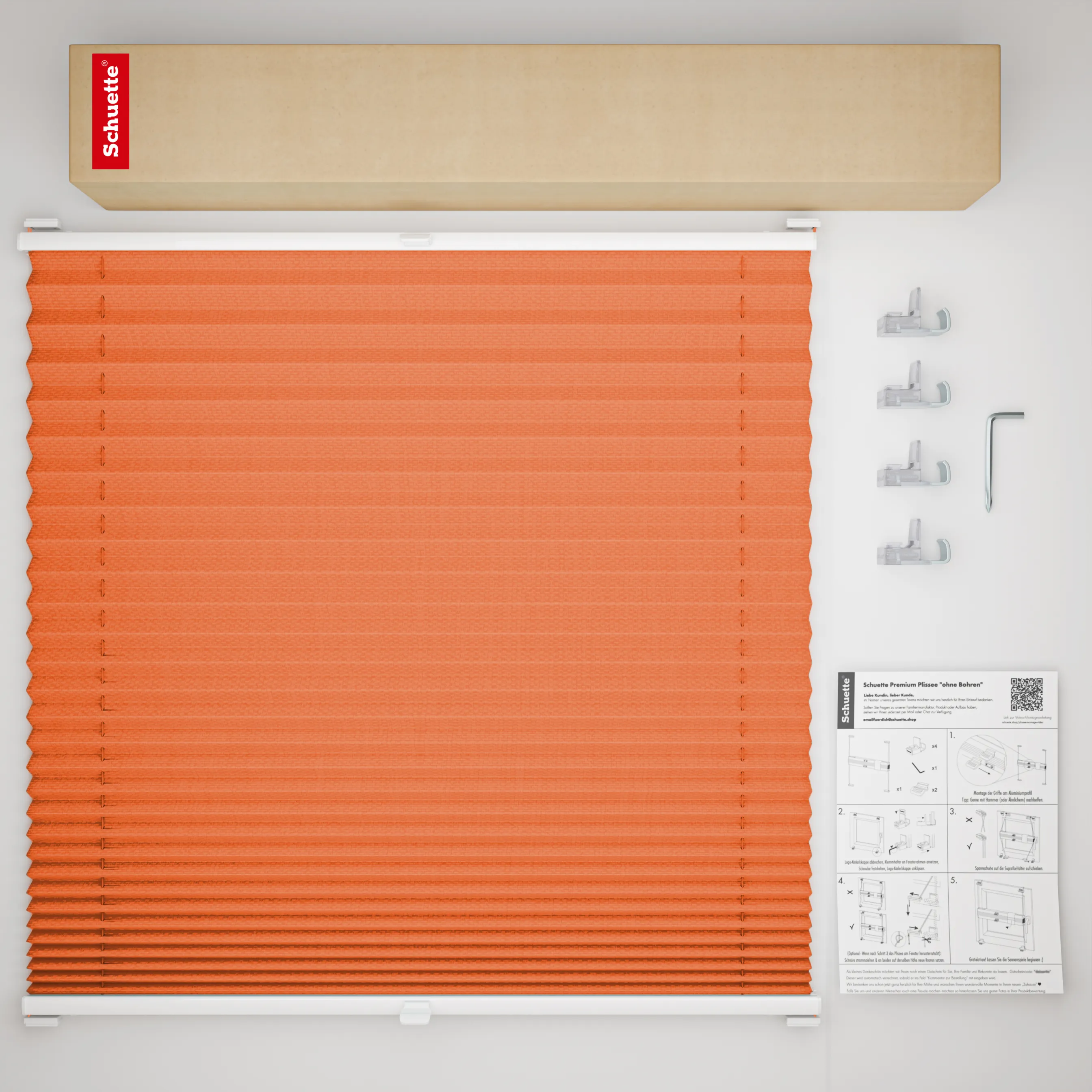 Schuette® Plissee ohne Bohren nach Maß • Suprafix Klemmhalter “Incognito X" • Premium Kollektion: Sunset (Orange) • Profilfarbe: Walnuss