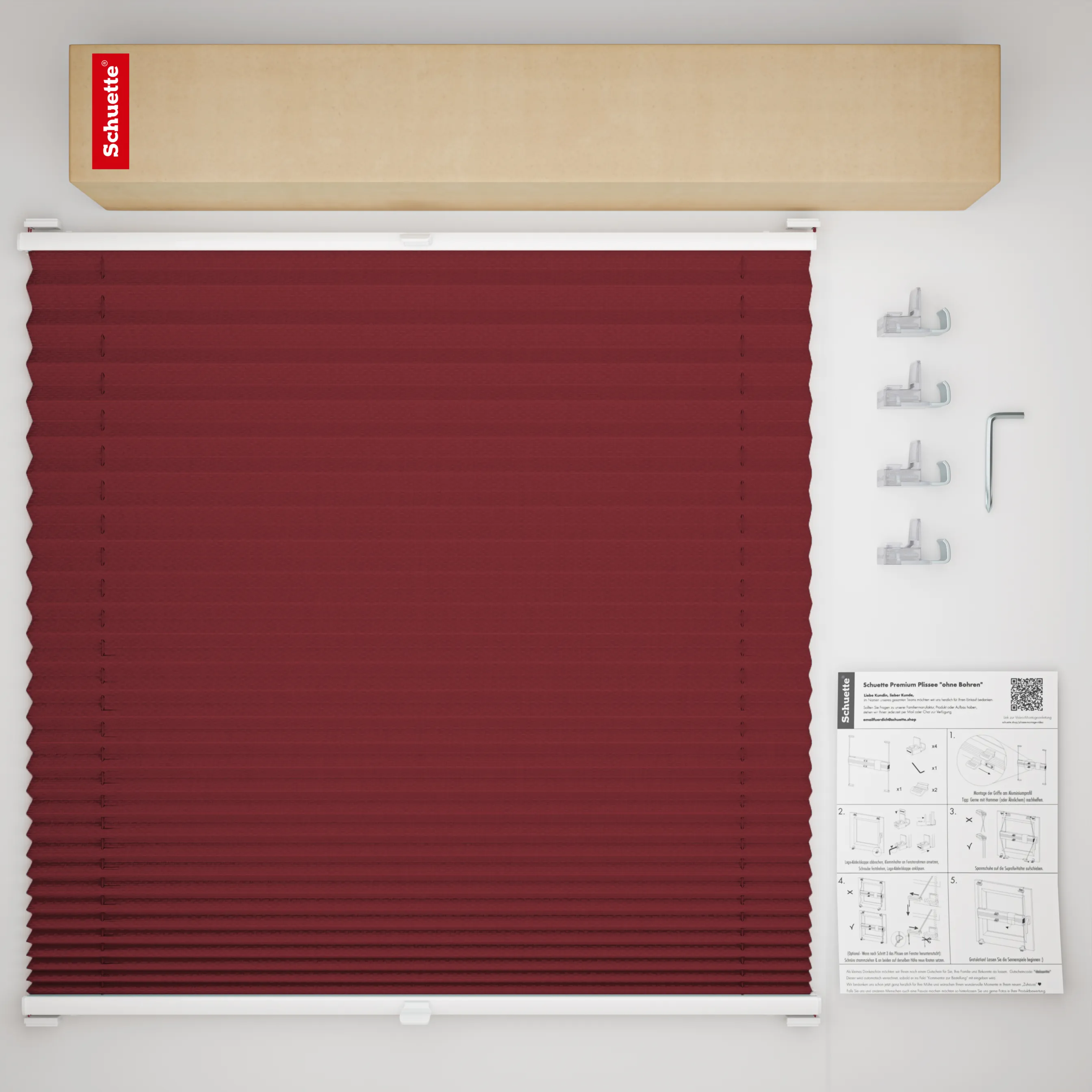 Schuette® Plissee ohne Bohren nach Maß • Suprafix Klemmhalter “Incognito X" • Premium Kollektion: Ruby Riddle (Dunkelrot) • Profilfarbe: Weiß