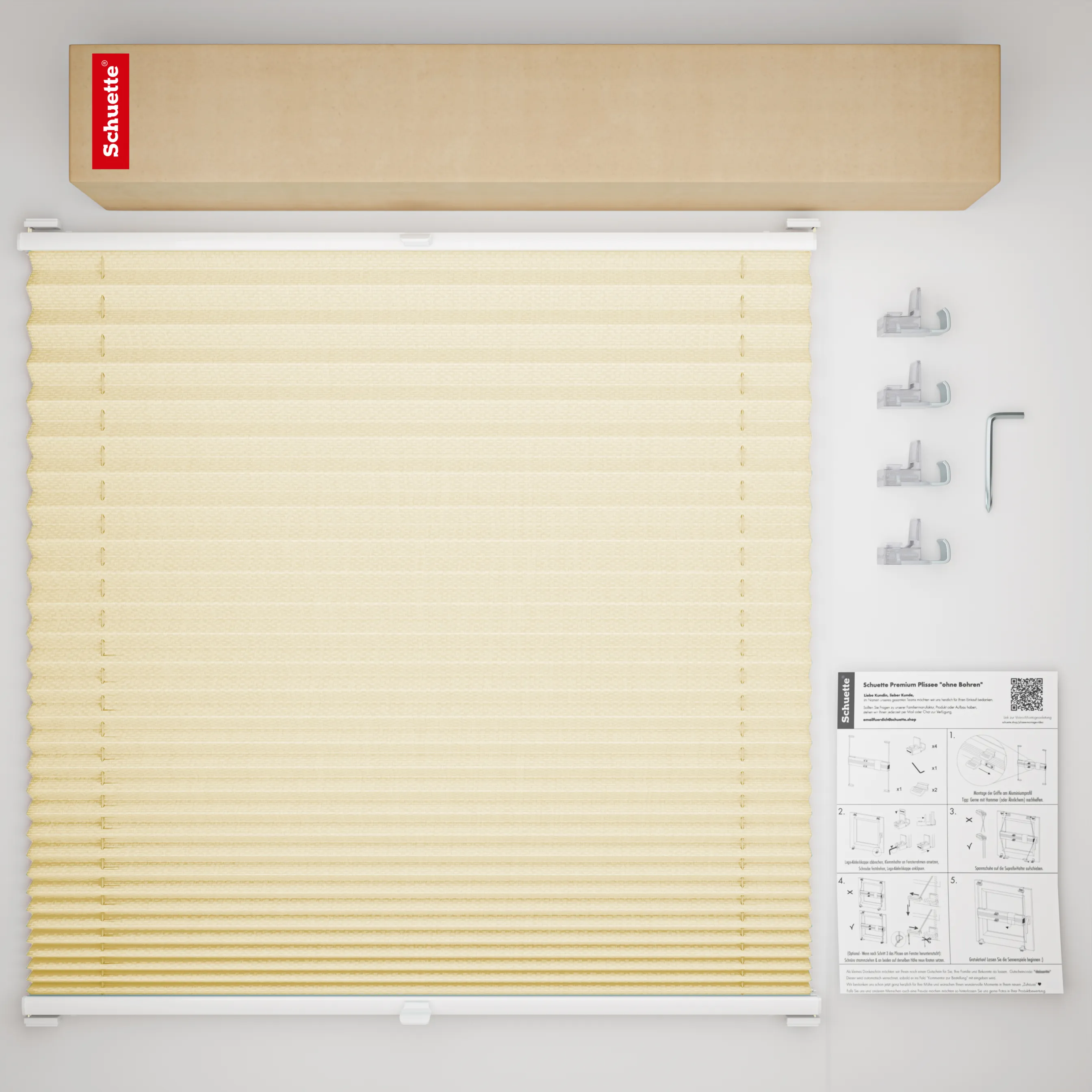Schuette® Plissee ohne Bohren nach Maß • Suprafix Klemmhalter “Incognito X" • Thermo Kollektion: Milk Tea (Beige) • Profilfarbe: Weiß