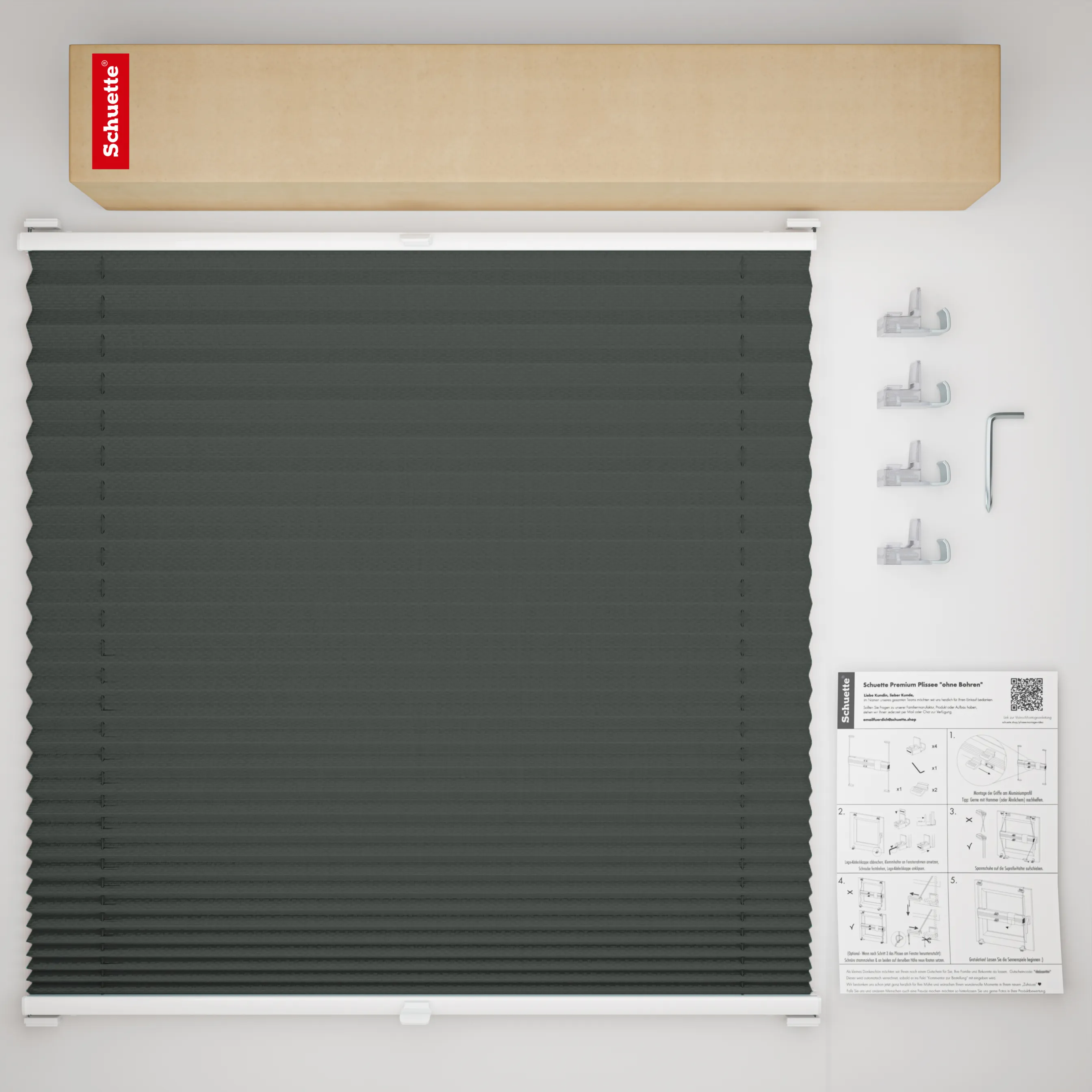 Schuette® Plissee ohne Bohren nach Maß • Suprafix Klemmhalter “Incognito X" • Thermo Kollektion: Before Storm (Grau) • Profilfarbe: Weiß