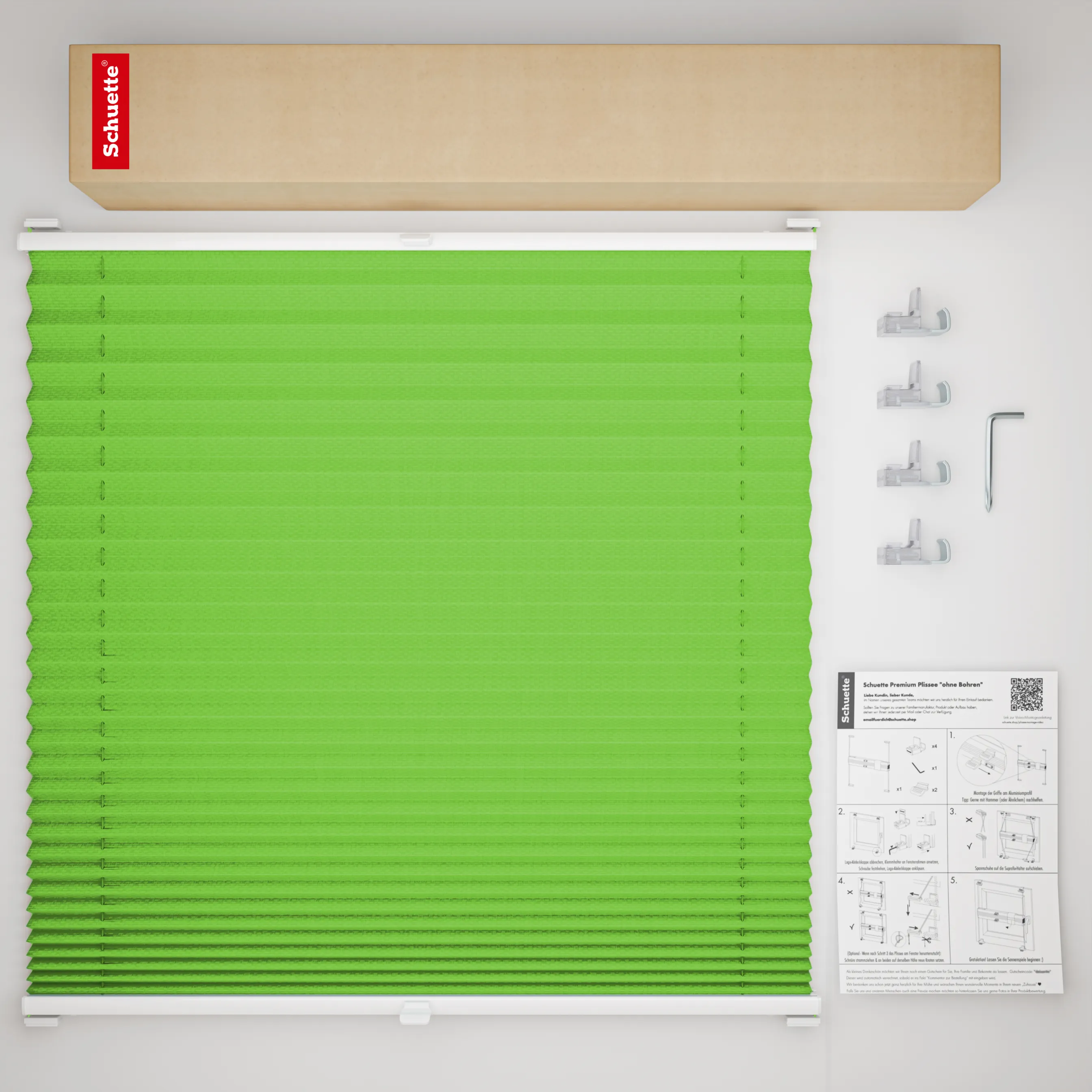 Schuette® Plissee ohne Bohren nach Maß • Suprafix Klemmhalter “Incognito X" • Thermo Kollektion: Leaf Joy (Grün) • Profilfarbe: Weiß
