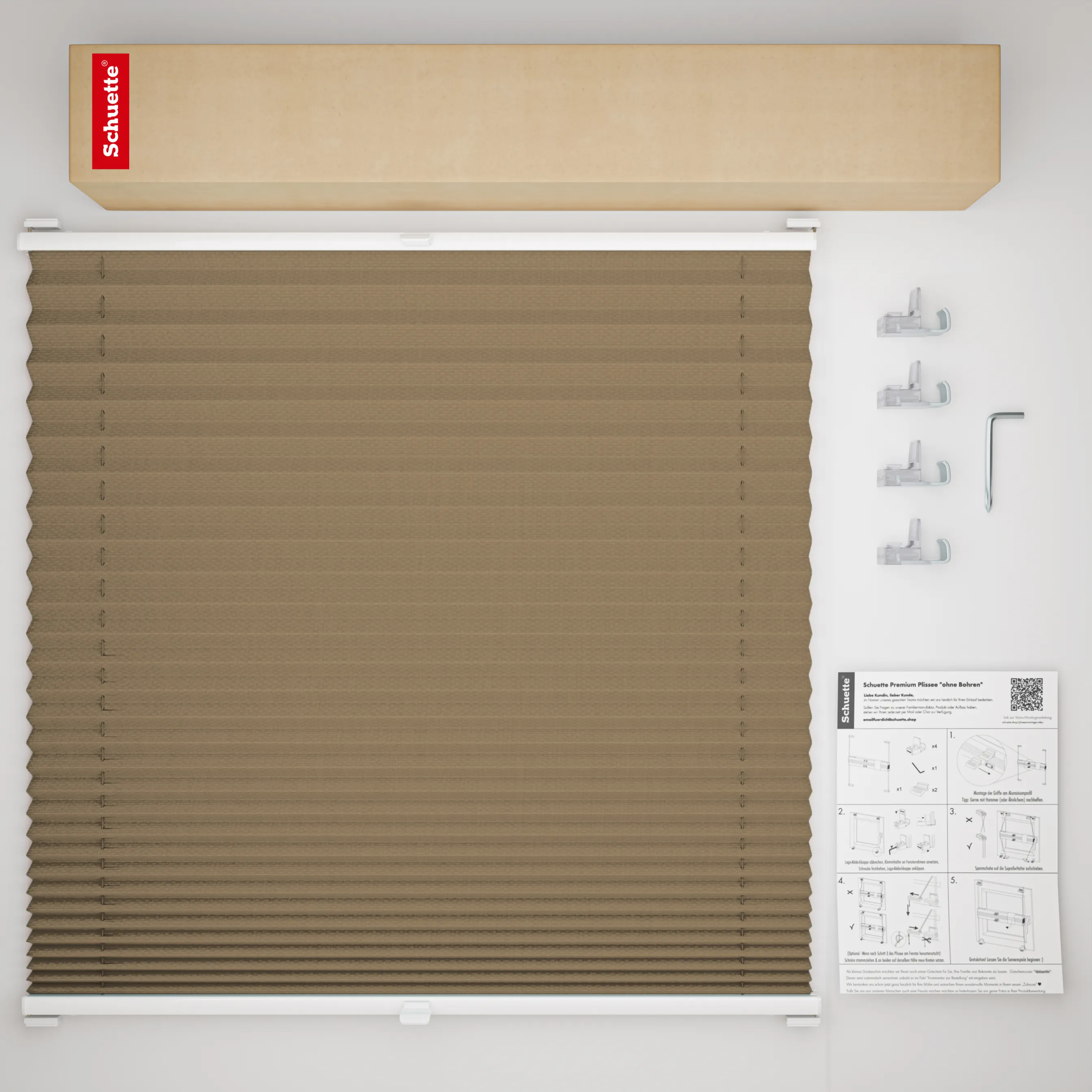 Schuette® Plissee ohne Bohren nach Maß • Suprafix Klemmhalter “Incognito X" • Thermo Kollektion: Mocha Dream (Hellbraun) • Profilfarbe: Weiß