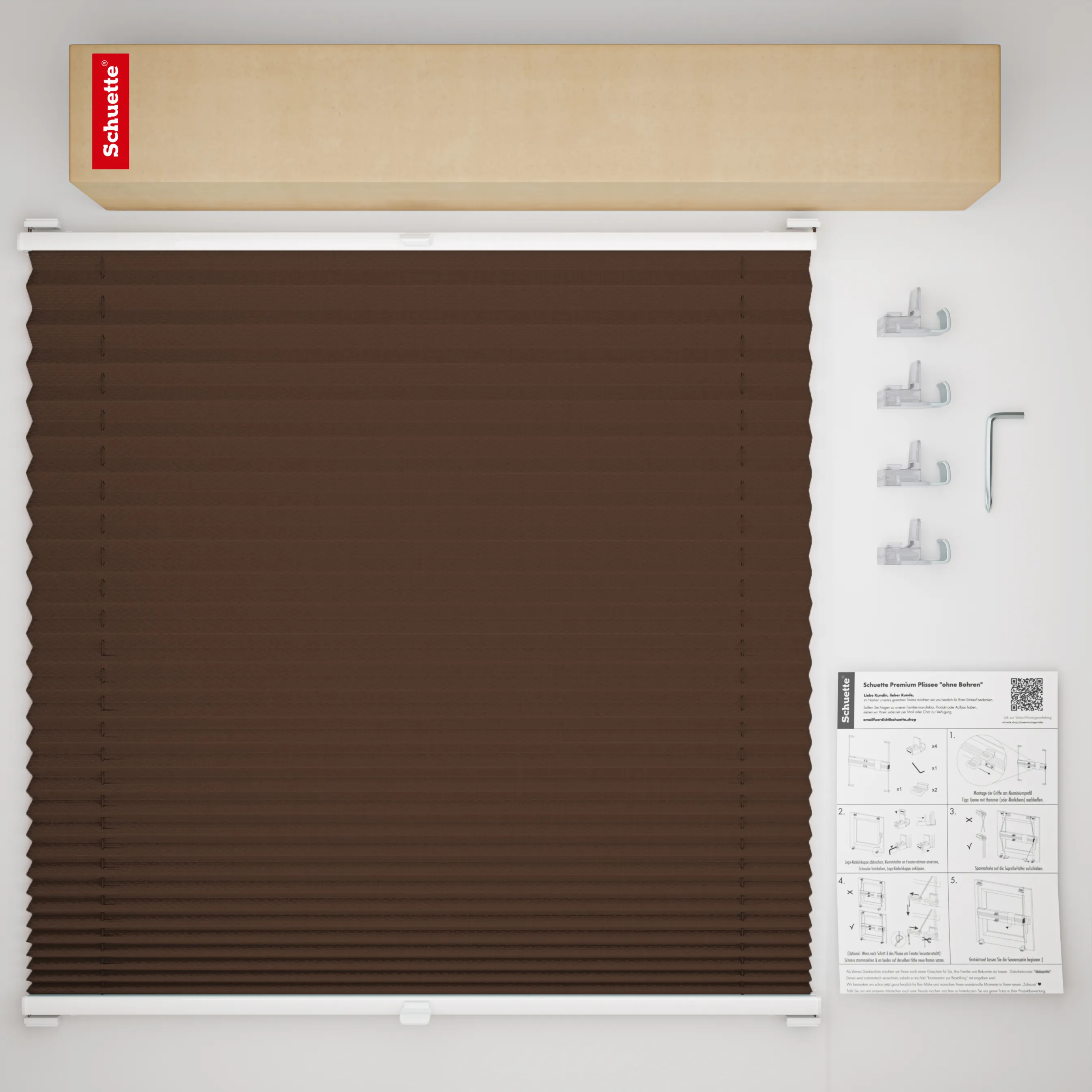 Schuette® Plissee ohne Bohren nach Maß • Suprafix Klemmhalter “Incognito X" • Thermo Kollektion: Toffee (Dunkelbraun) • Profilfarbe: Weiß