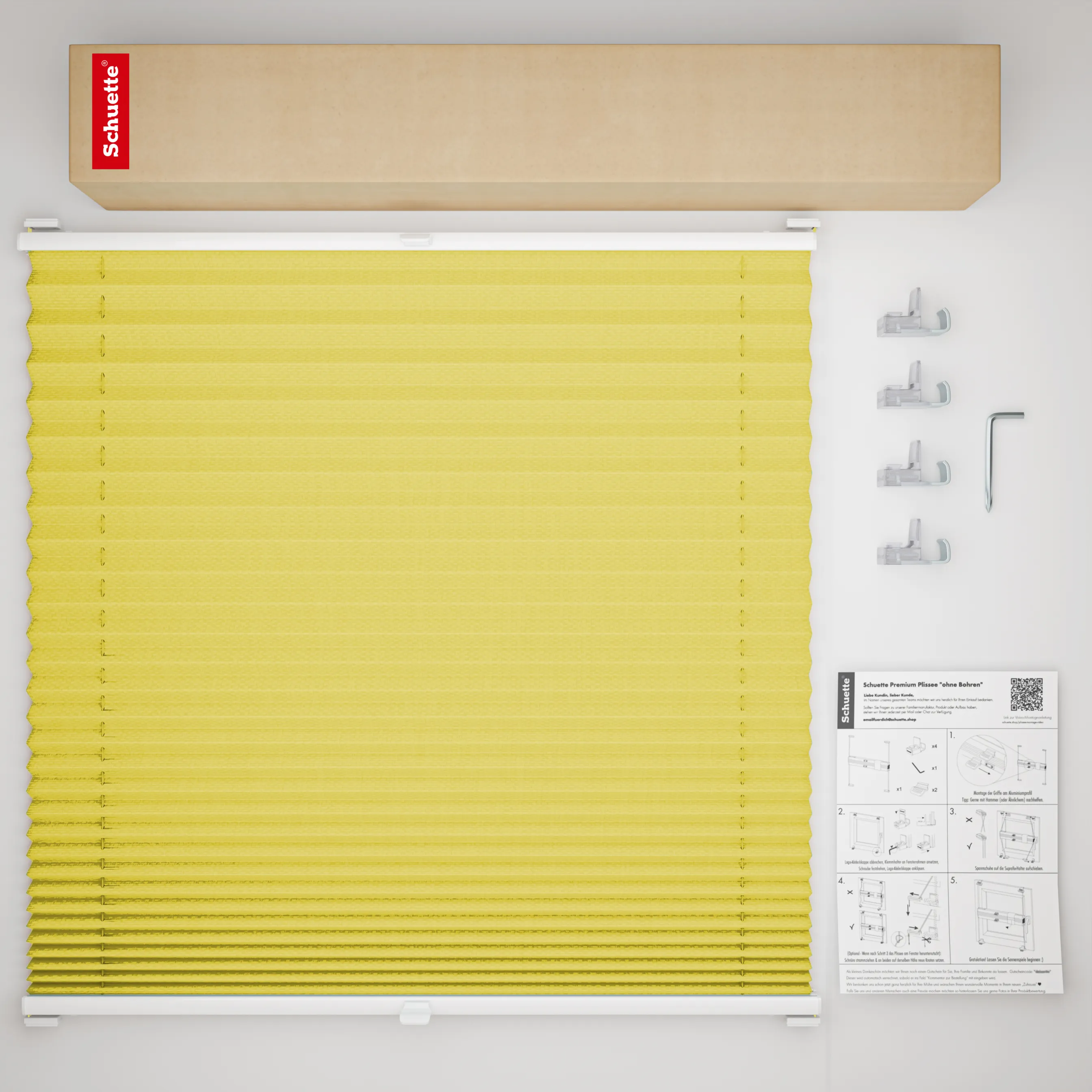 Schuette® Plissee ohne Bohren nach Maß • Suprafix Klemmhalter “Incognito X" • Thermo Kollektion: Sunflower (Gelb) • Profilfarbe: Braun