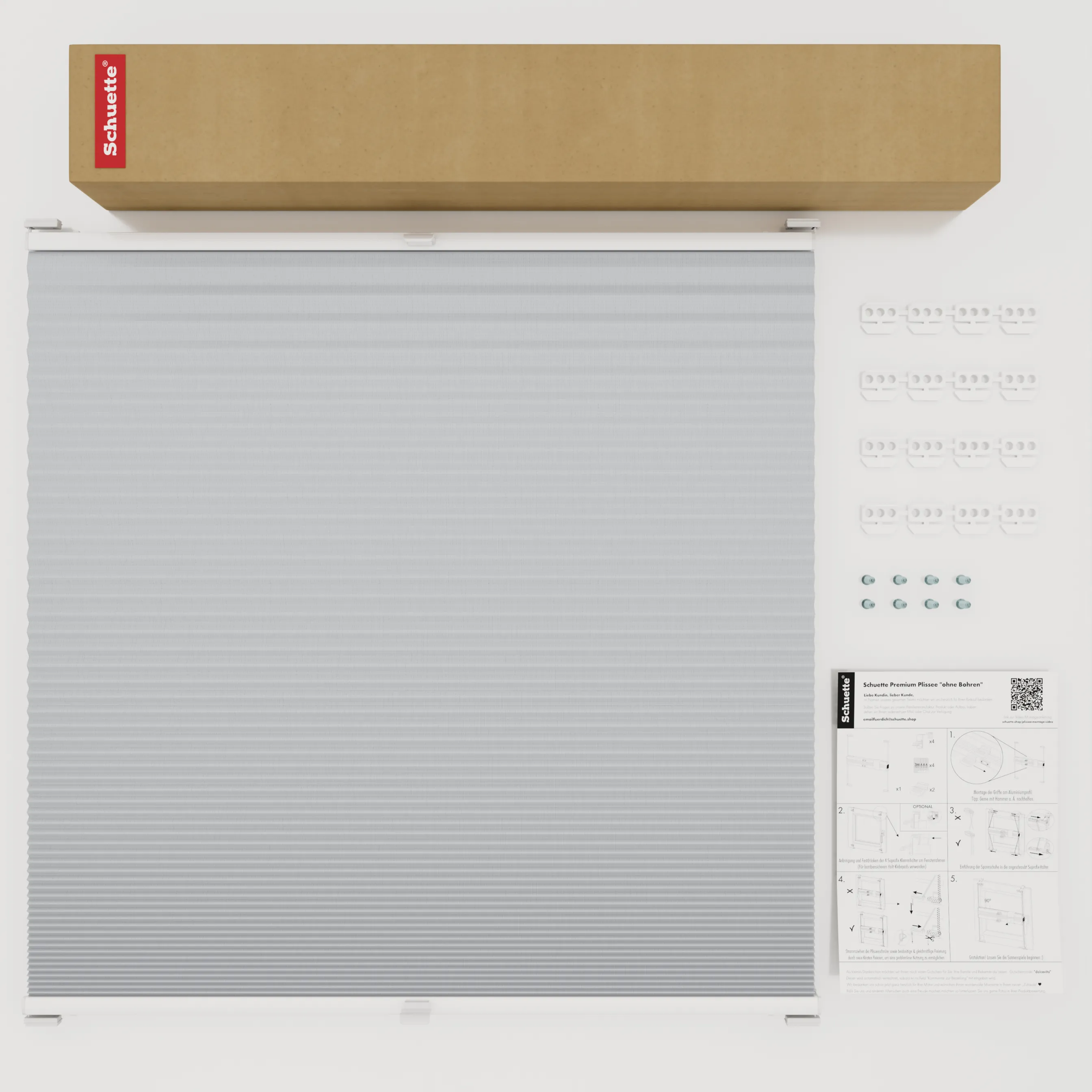 Schuette® Wabenplissee mit Bohren nach Maß • Suprafix Halterungen “Mit Bohren” • Honey Kollektion: Skyfall (Hellgrau) • Profilfarbe: Walnuss