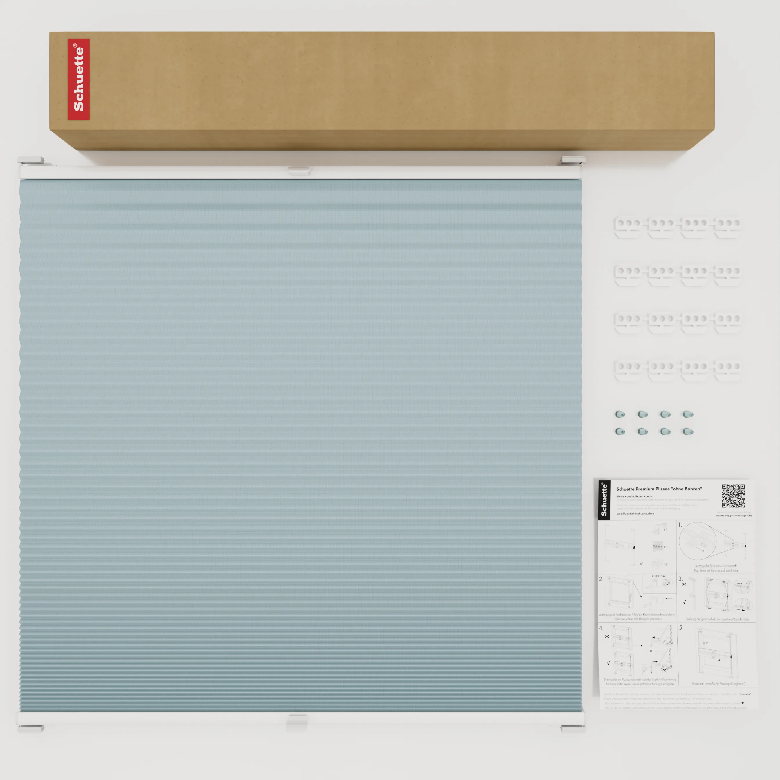 Schuette® Wabenplissee mit Bohren nach Maß • Suprafix Halterungen “Mit Bohren” • Honey Kollektion: Cloud Nine (Pastellblau) • Profilfarbe: Anthrazit