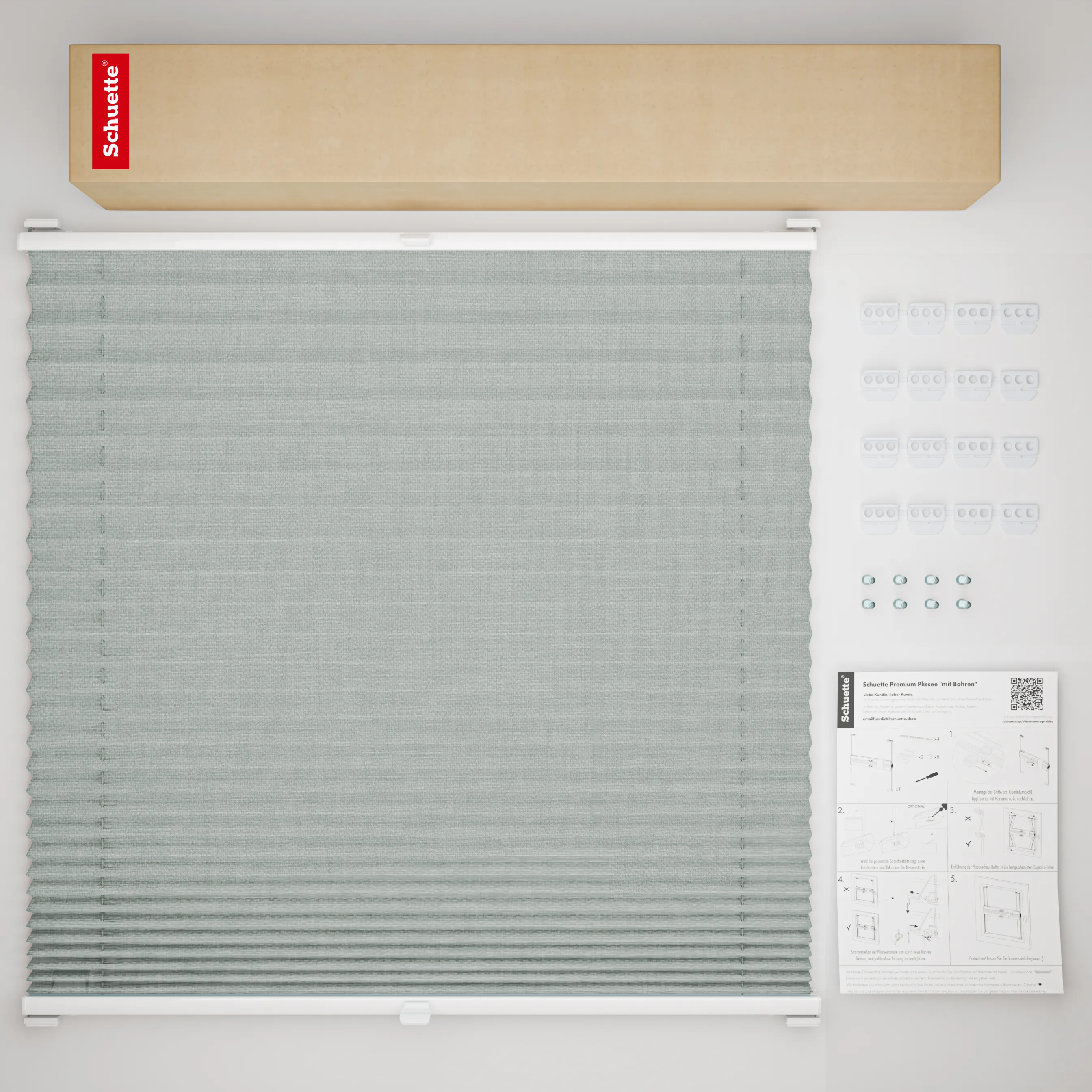 Schuette® Plissee mit Bohren nach Maß • Suprafix Halterungen “Mit Bohren” • Melange Kollektion: On The Road (Grau) • Profilfarbe: Anthrazit