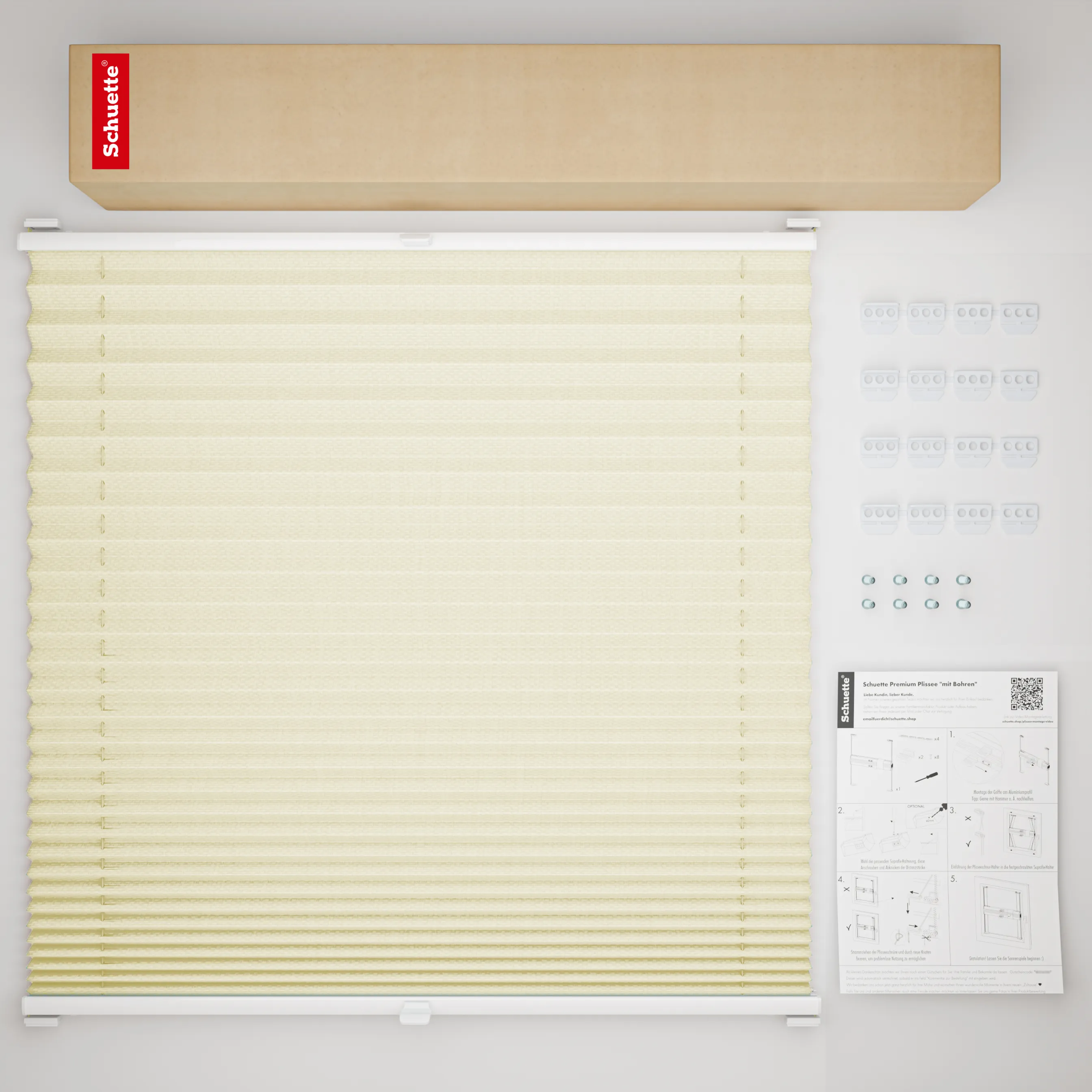 Schuette® Plissee mit Bohren nach Maß • Suprafix Halterungen “Mit Bohren” • Premium Kollektion: Vanilla Ice Cream (Creme) • Profilfarbe: Silber