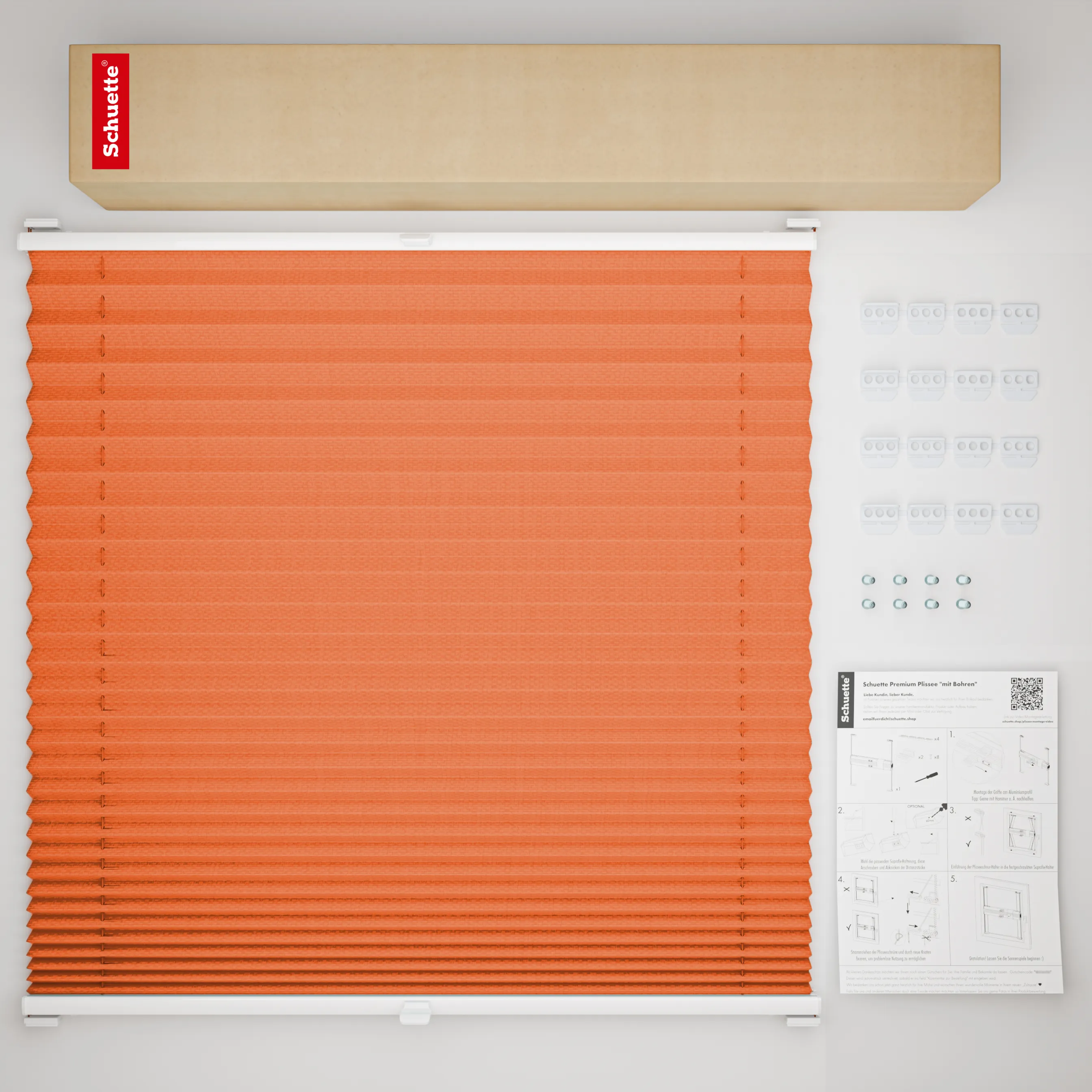 Schuette® Plissee mit Bohren nach Maß • Suprafix Halterungen “Mit Bohren” • Premium Kollektion: Sunset (Orange) • Profilfarbe: Eiche
