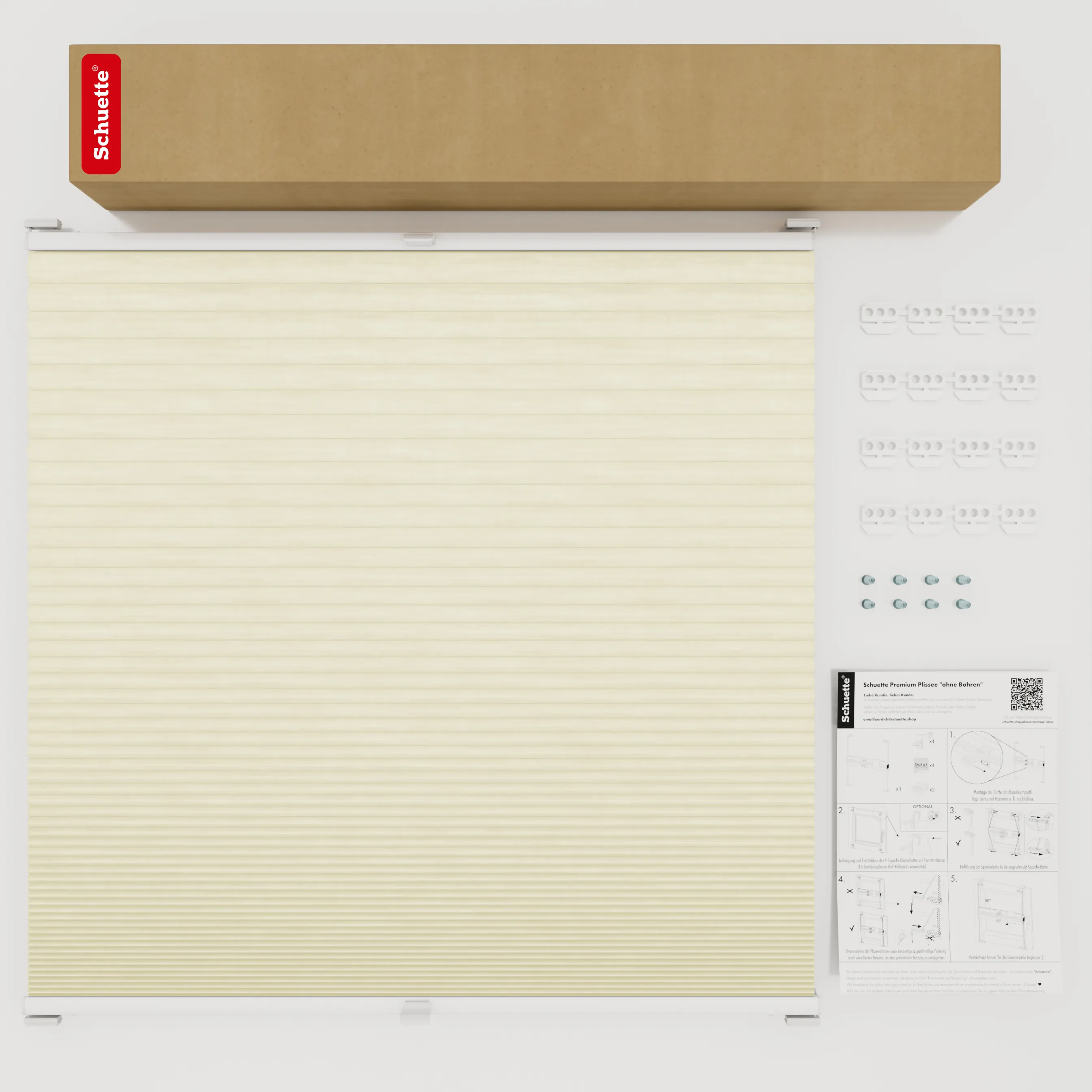 Schuette® Wabenplissee mit Bohren nach Maß • Suprafix Halterungen “Mit Bohren” • Thermo x Honey Kollektion: Butterlight (Beige) • Profilfarbe: Eiche