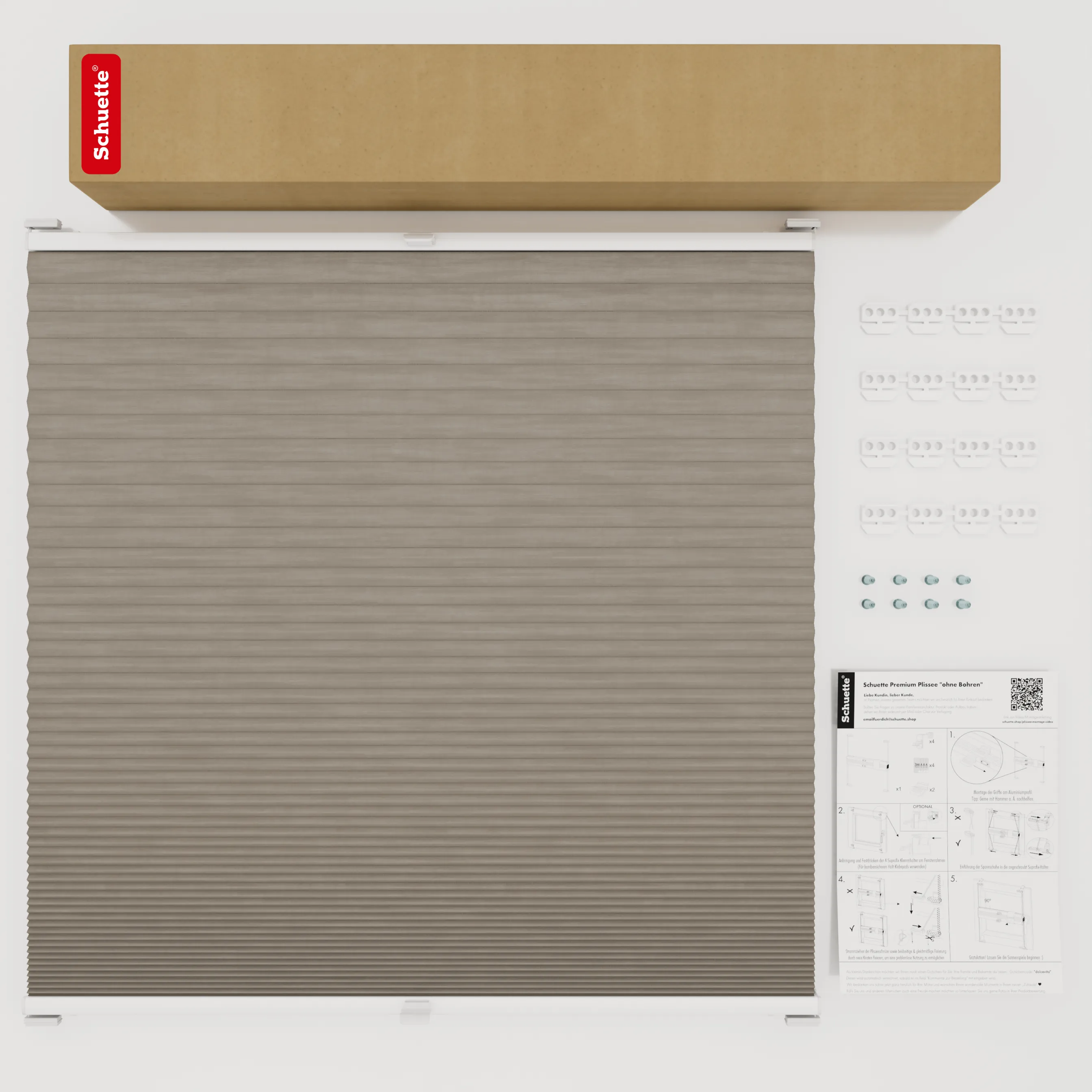 Schuette® Wabenplissee mit Bohren nach Maß • Suprafix Halterungen “Mit Bohren” • Thermo x Honey Kollektion: Truffle Dust (Taupe) • Profilfarbe: Braun