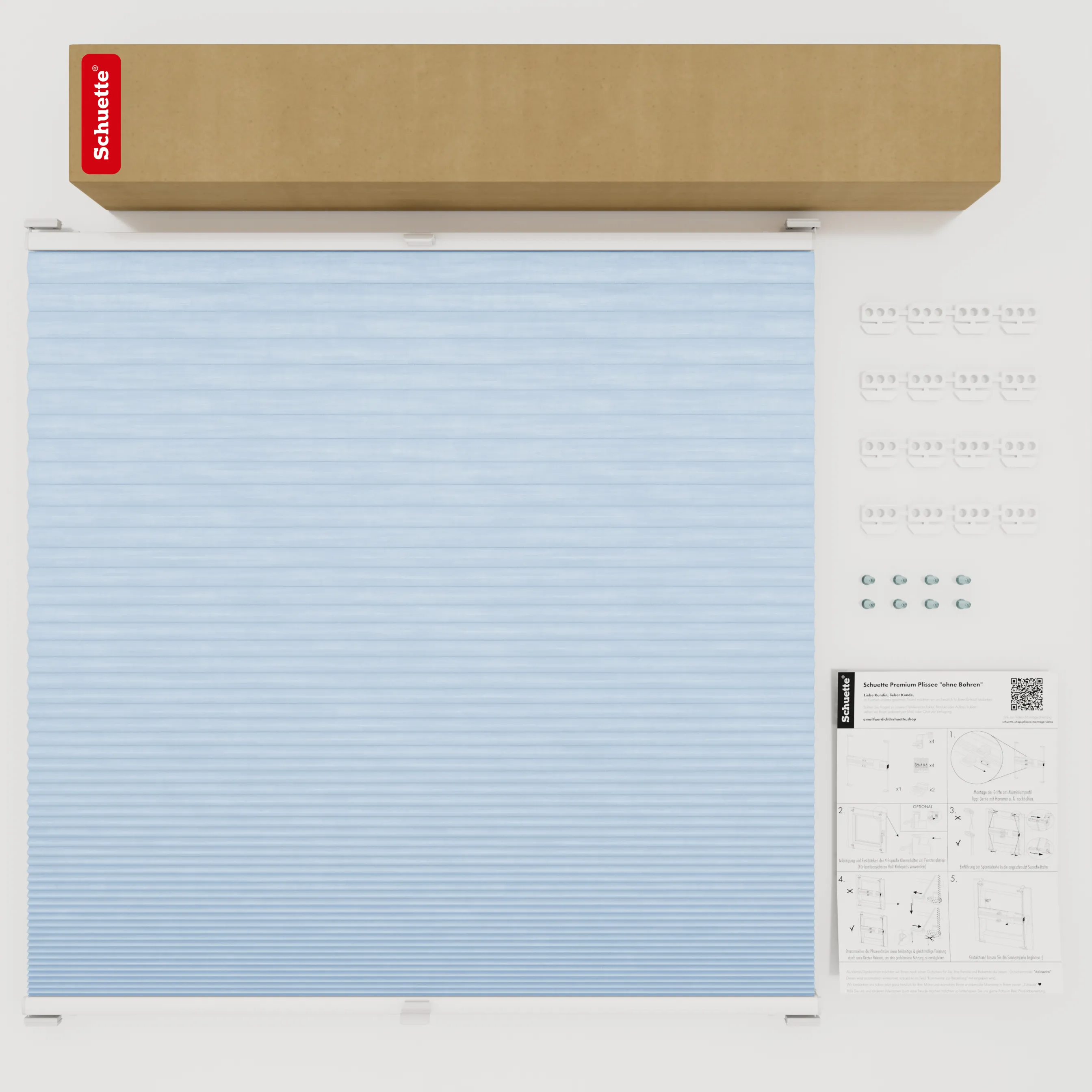 Schuette® Wabenplissee mit Bohren nach Maß • Suprafix Halterungen “Mit Bohren” • Thermo x Honey Kollektion: Ice Pop (Hellblau) • Profilfarbe: Weiß