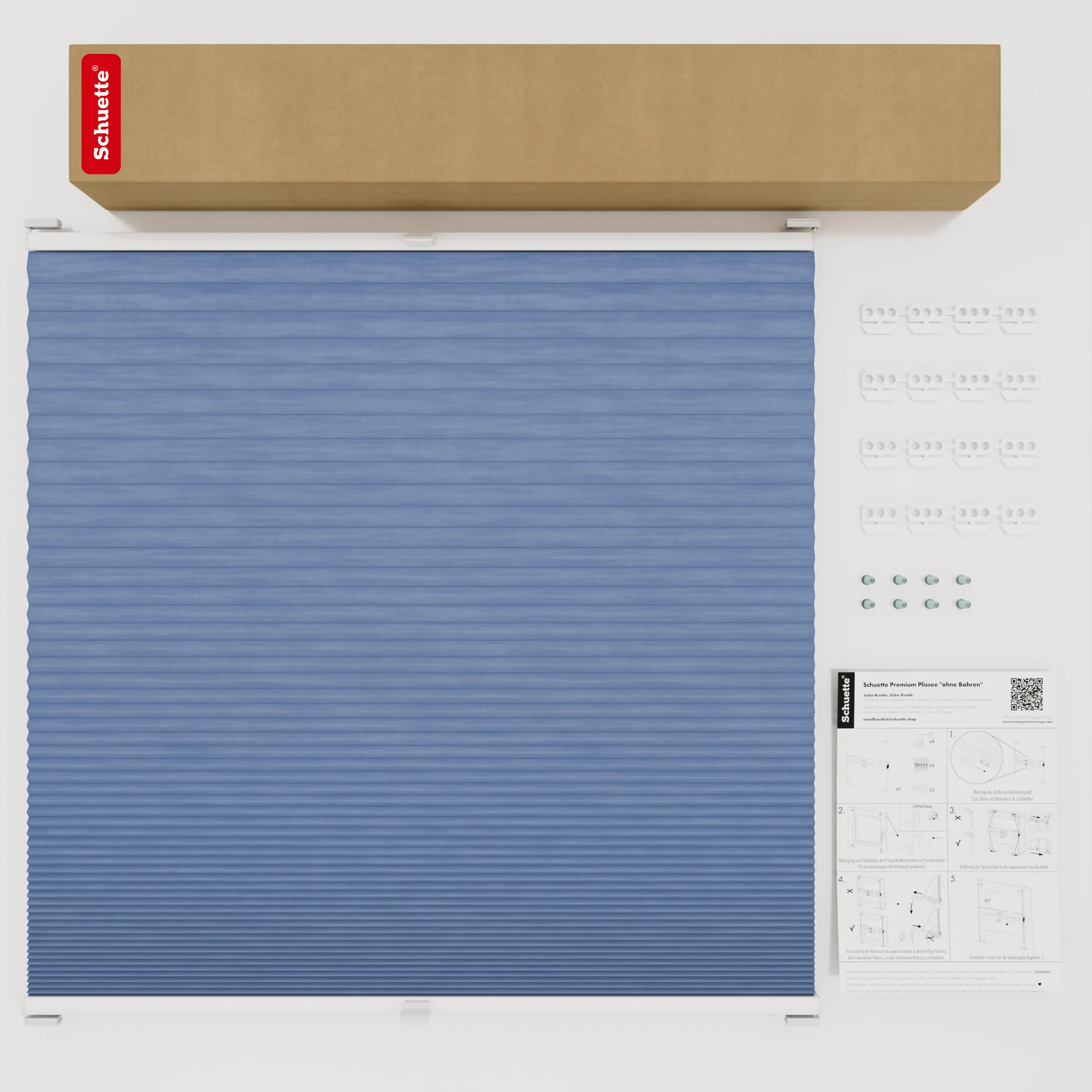 Schuette® Wabenplissee mit Bohren nach Maß • Suprafix Halterungen “Mit Bohren” • Thermo x Honey Kollektion: Blue Velvet (Blau) • Profilfarbe: Eiche