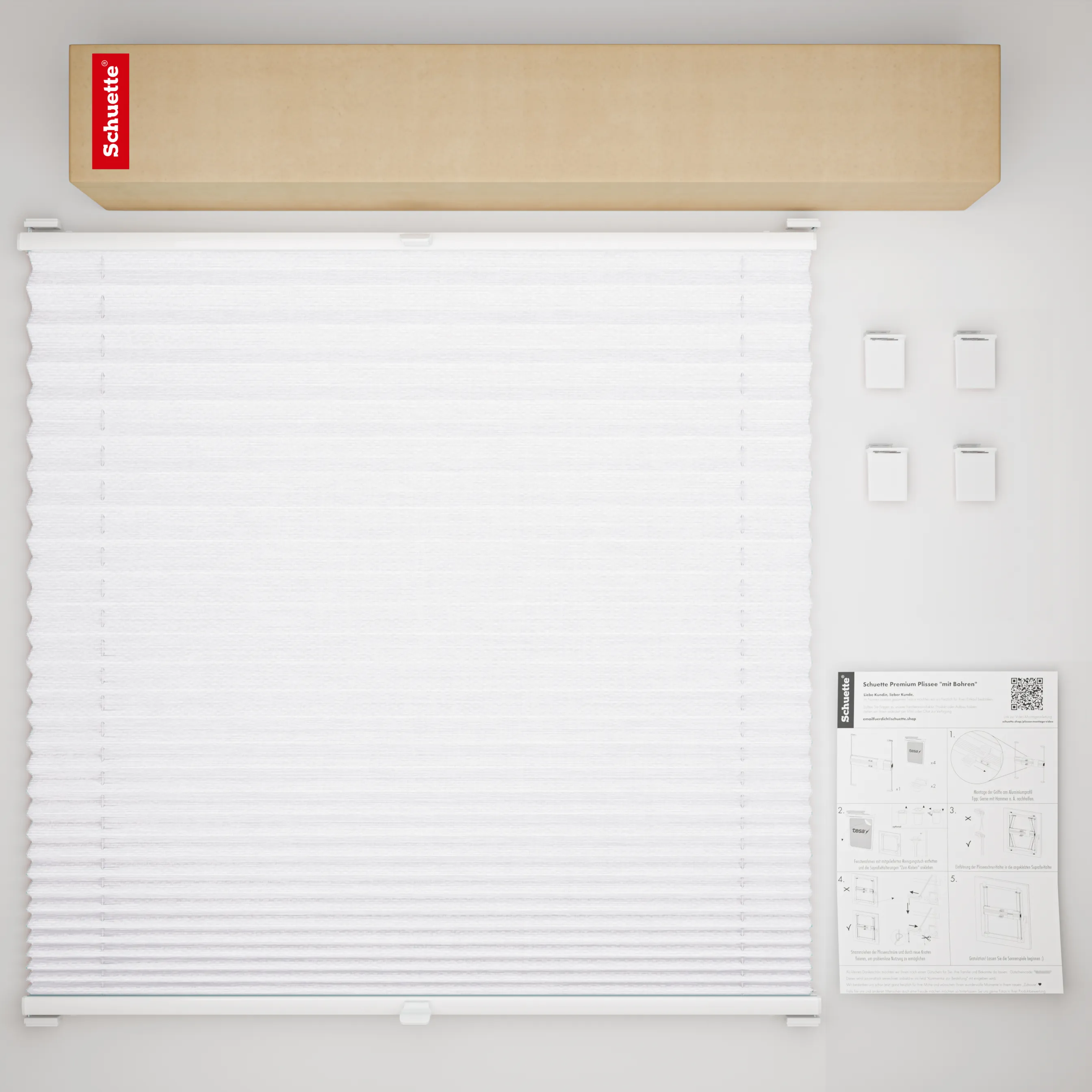 Schuette® Plissee ohne Bohren nach Maß • Suprafix Halterung “Zum Kleben” • Dolomite Kollektion: Cold Morning (Grau) • Profilfarbe: Walnuss