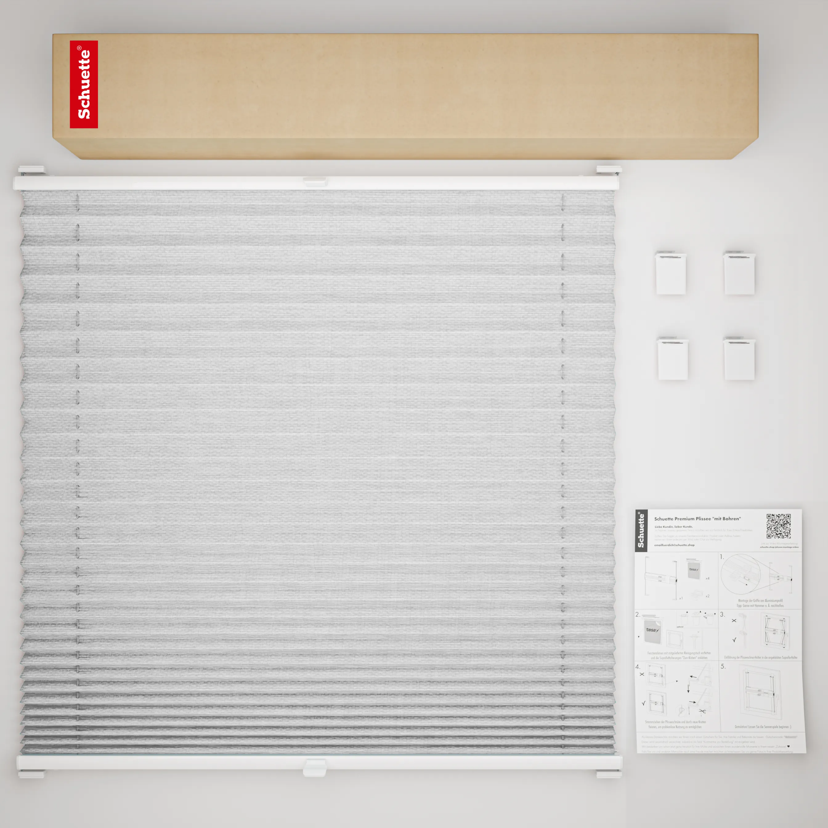 Schuette® Plissee ohne Bohren nach Maß • Suprafix Halterung “Zum Kleben” • Dolomite Kollektion: Storm Gray (Grau) • Profilfarbe: Walnuss