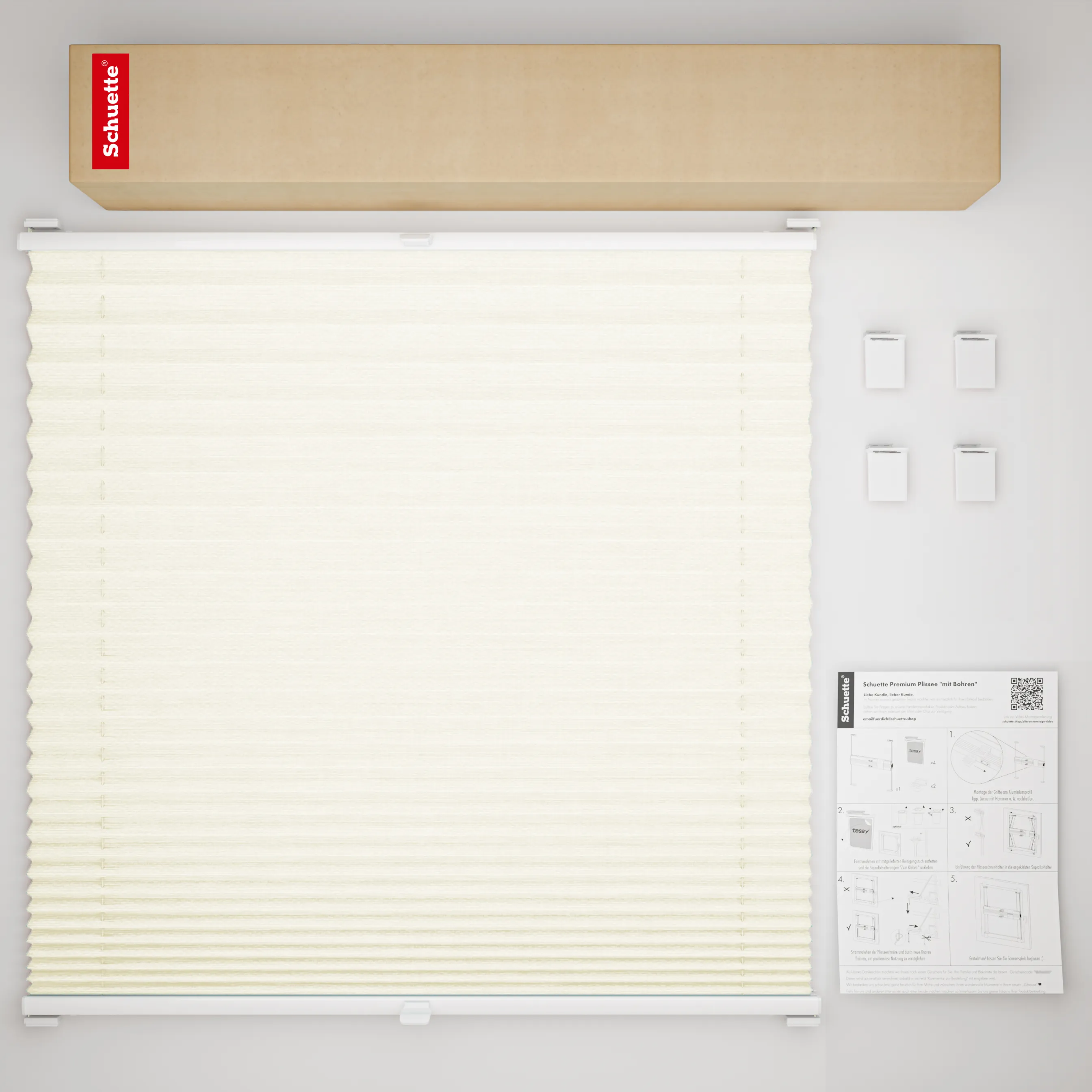 Schuette® Plissee ohne Bohren nach Maß • Suprafix Halterung “Zum Kleben” • Dolomite Kollektion: Vanilla Sky (Beige) • Profilfarbe: Braun