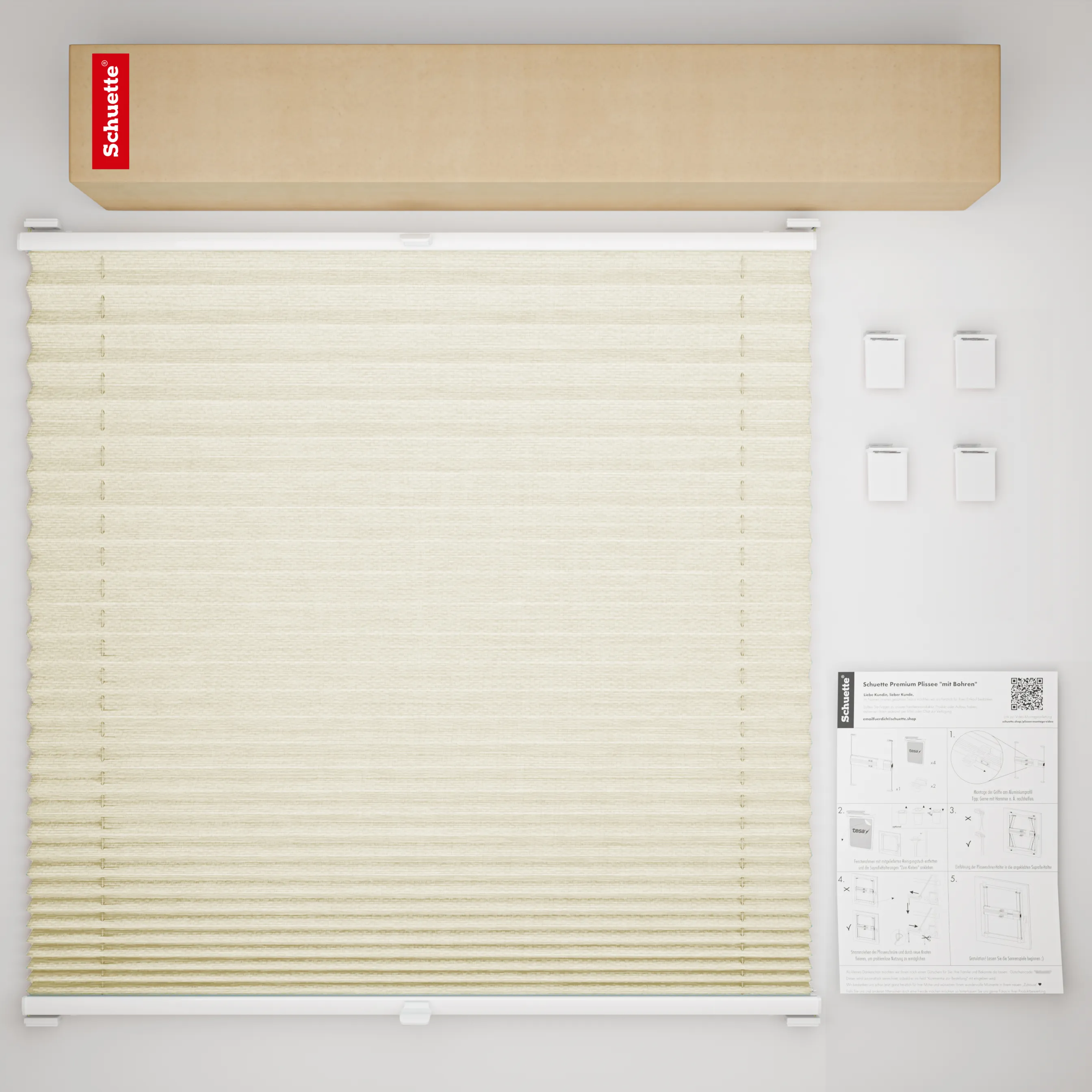 Schuette® Plissee ohne Bohren nach Maß • Suprafix Halterung “Zum Kleben” • Dolomite Kollektion: Wet Stand (Beige) • Profilfarbe: Weiß