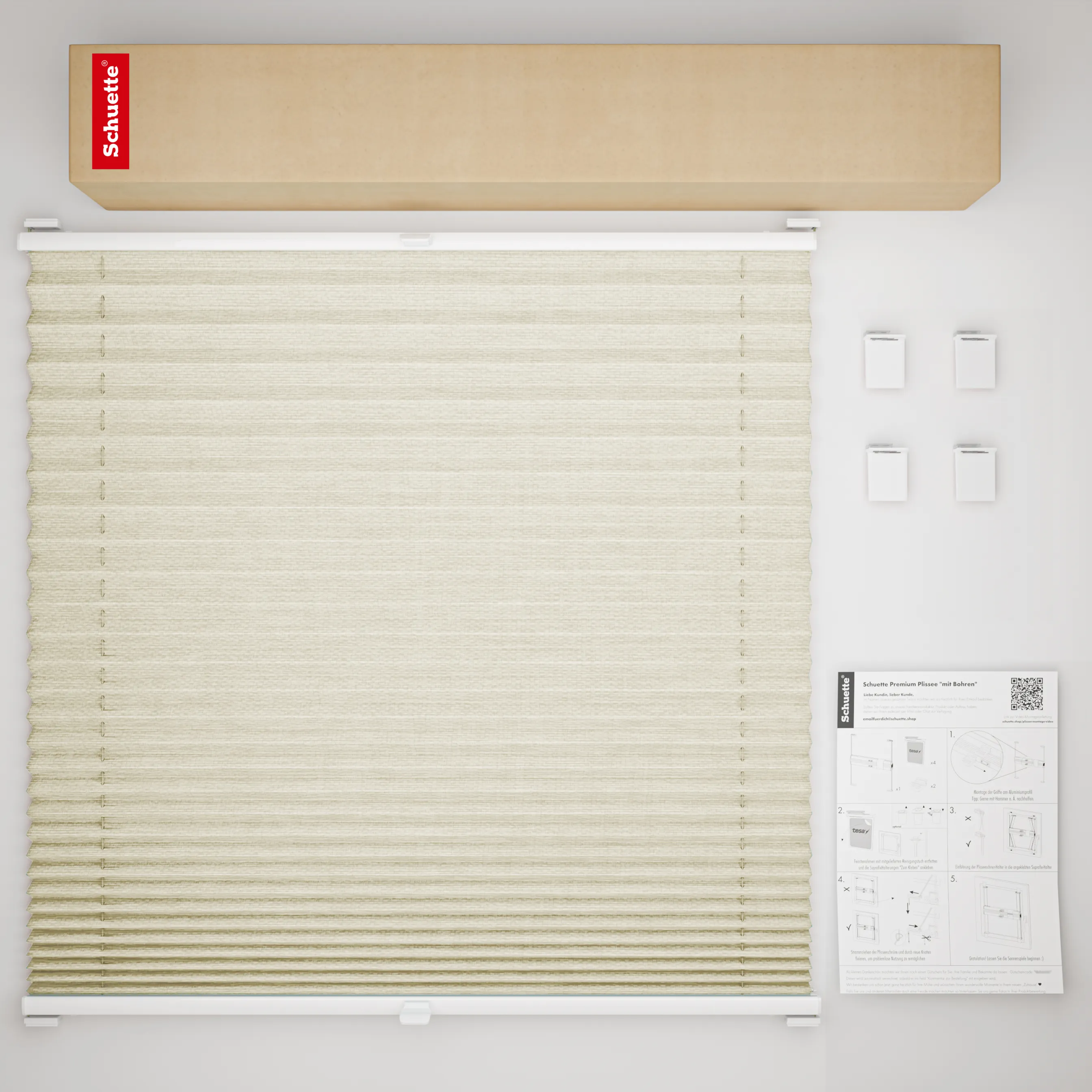 Schuette® Plissee ohne Bohren nach Maß • Suprafix Halterung “Zum Kleben” • Dolomite Kollektion: Light Coffee (Beige) • Profilfarbe: Braun