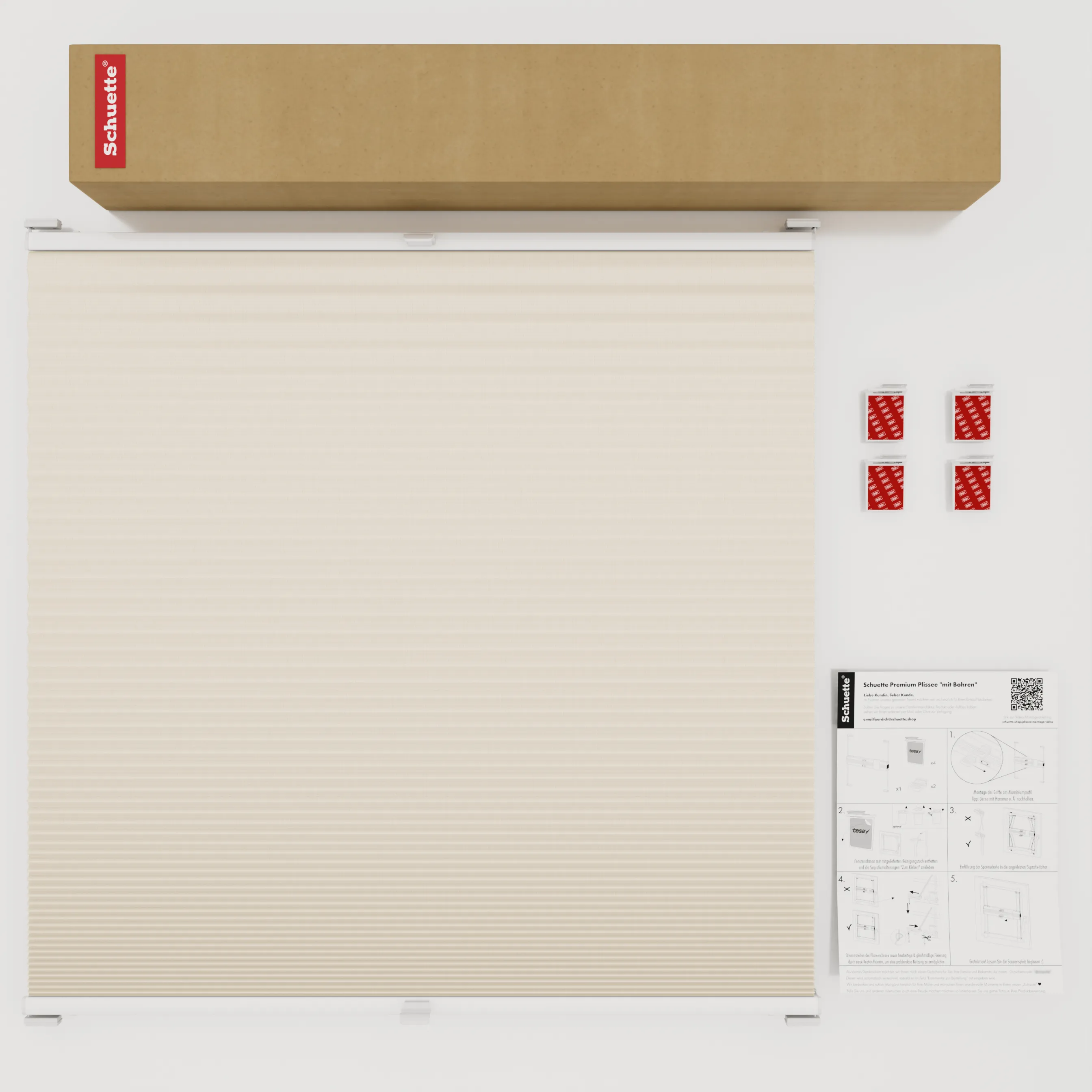 Schuette® Wabenplissee ohne Bohren nach Maß • Klebehalter & Schraubhalter 2in1 Set "Letsbond" Transparent • Honey Kollektion: Calm Coast (Beige) • Profilfarbe: Braun