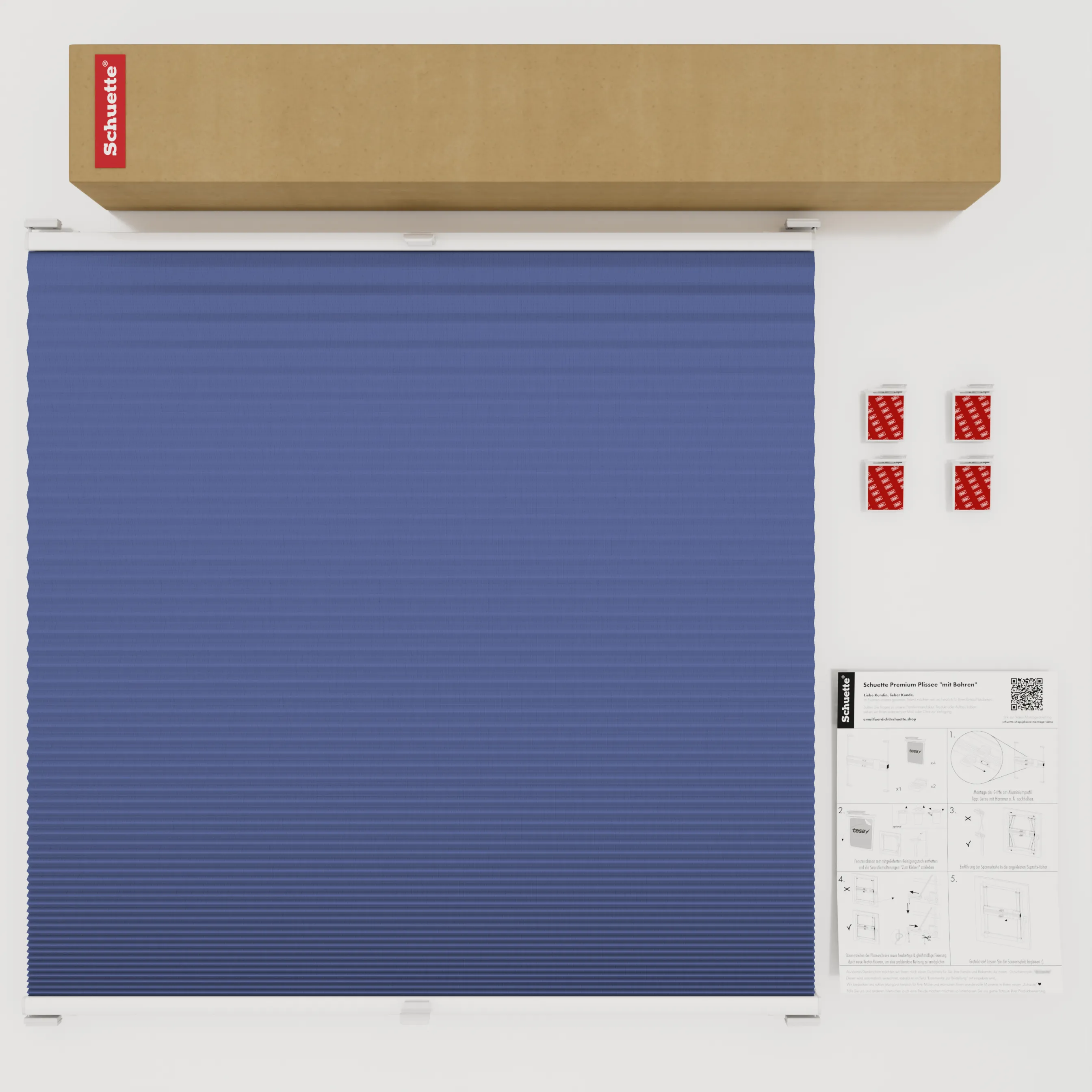 Schuette® Wabenplissee ohne Bohren nach Maß • Klebehalter & Schraubhalter 2in1 Set "Letsbond" Transparent • Honey Kollektion: Skyline (Blau) • Profilfarbe: Braun