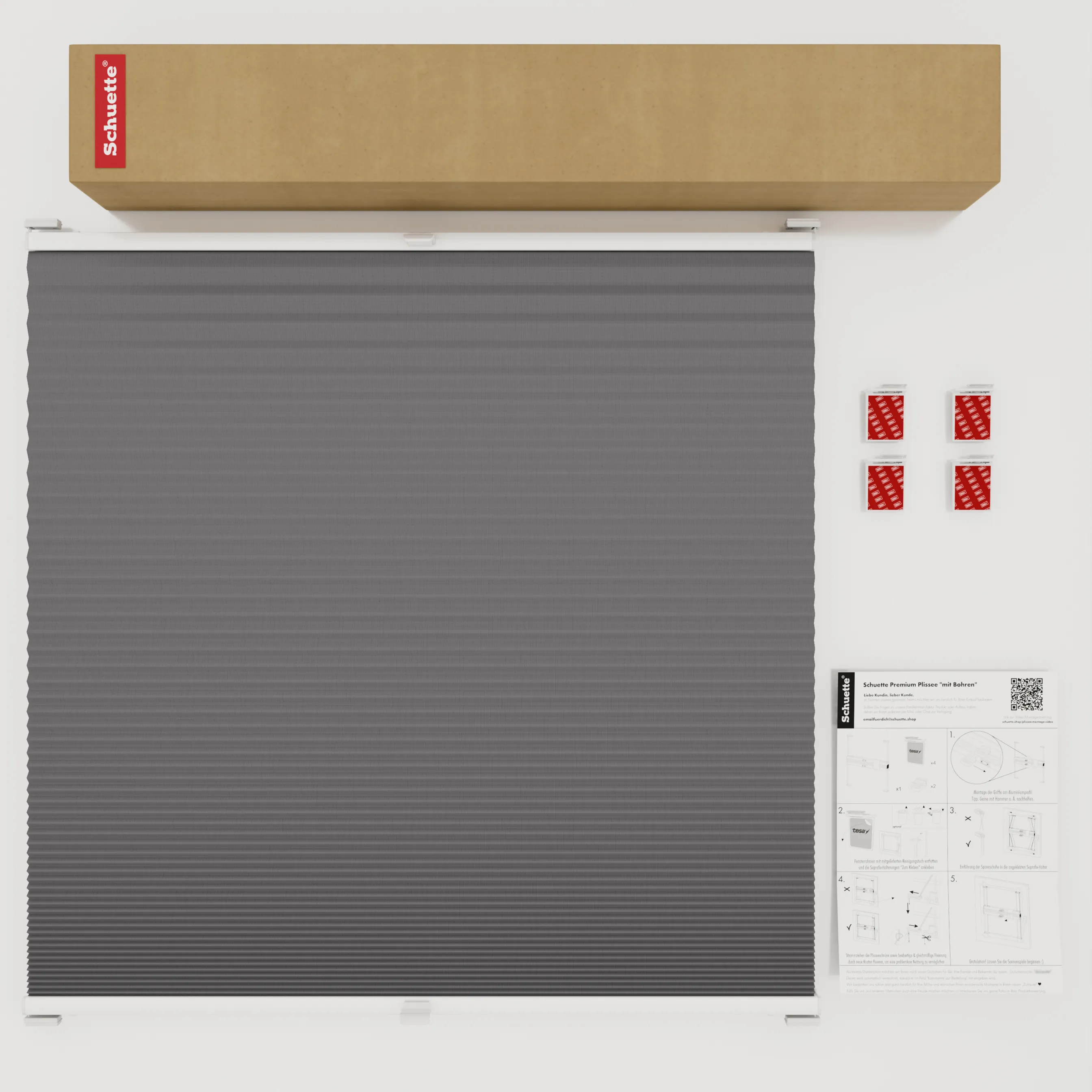 Schuette® Wabenplissee ohne Bohren nach Maß • Klebehalter & Schraubhalter 2in1 Set "Letsbond" Transparent • Honey Kollektion: Twilight Tango (Grau) • Profilfarbe: Braun