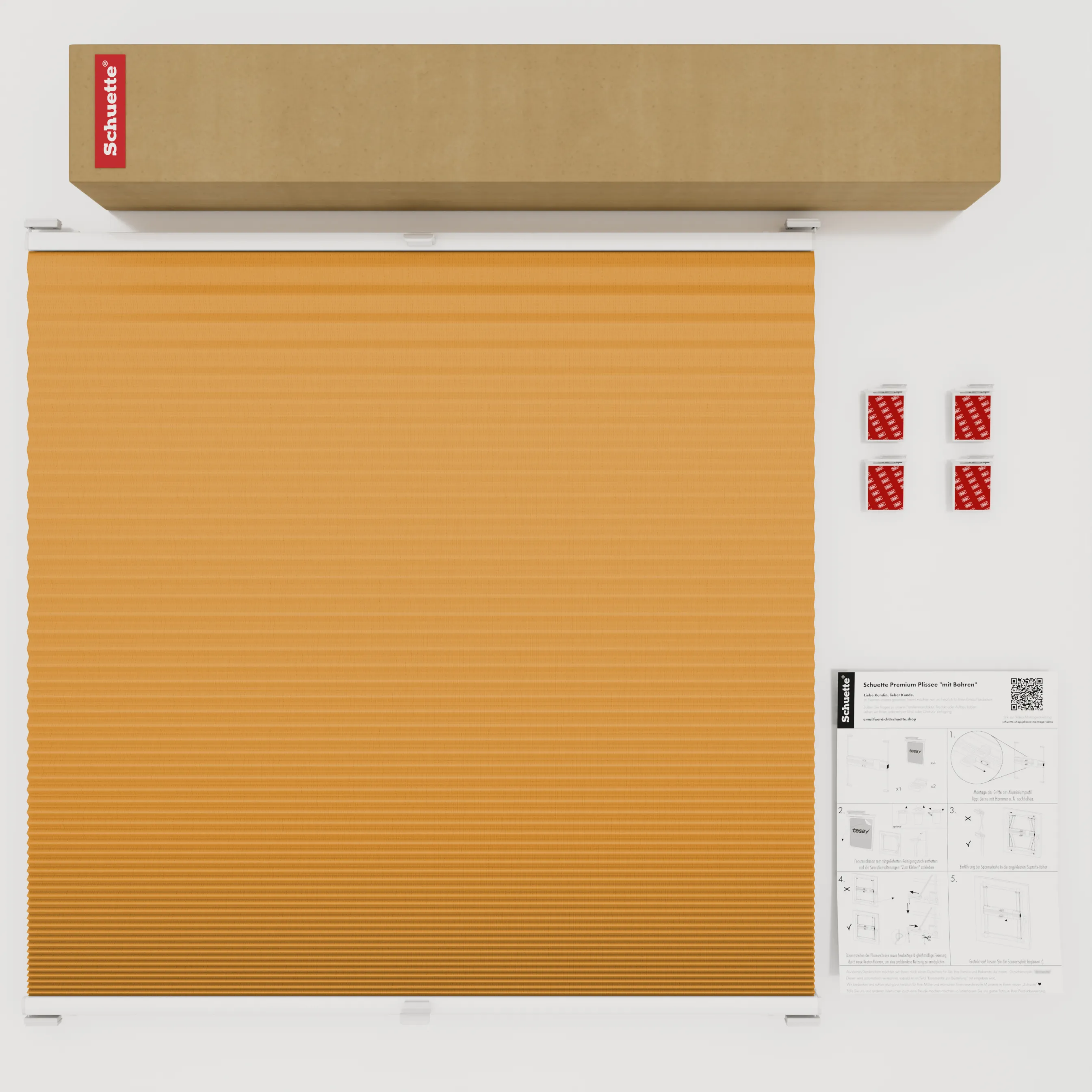 Schuette® Wabenplissee ohne Bohren nach Maß • Klebehalter & Schraubhalter 2in1 Set "Letsbond" • Honey Kollektion: Citrus Glow (Orange) • Profilfarbe: Walnuss