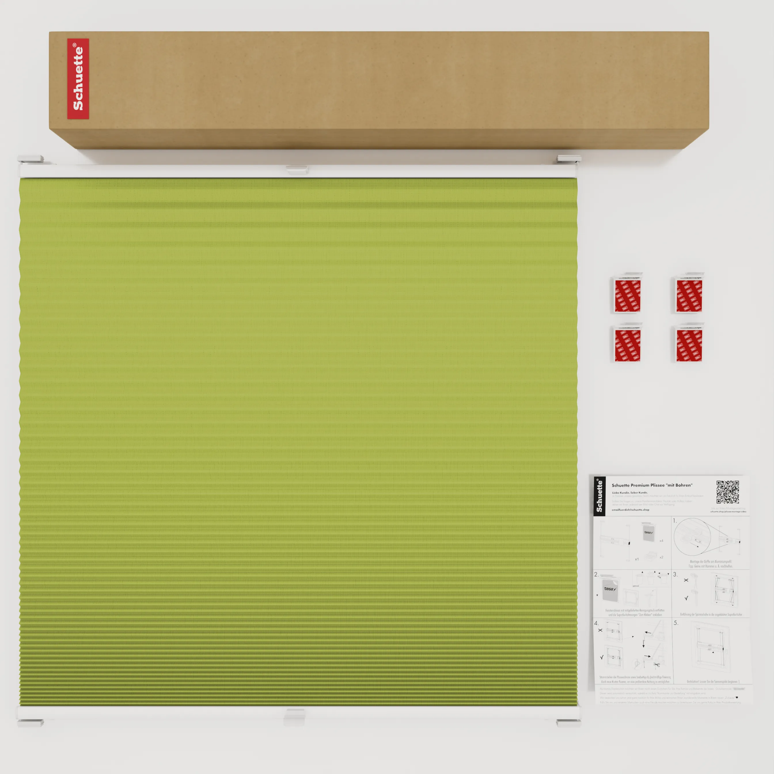 Schuette® Wabenplissee ohne Bohren nach Maß • Klebehalter & Schraubhalter 2in1 Set "Letsbond" • Honey Kollektion: Green Tea (Grün) • Profilfarbe: Weiß