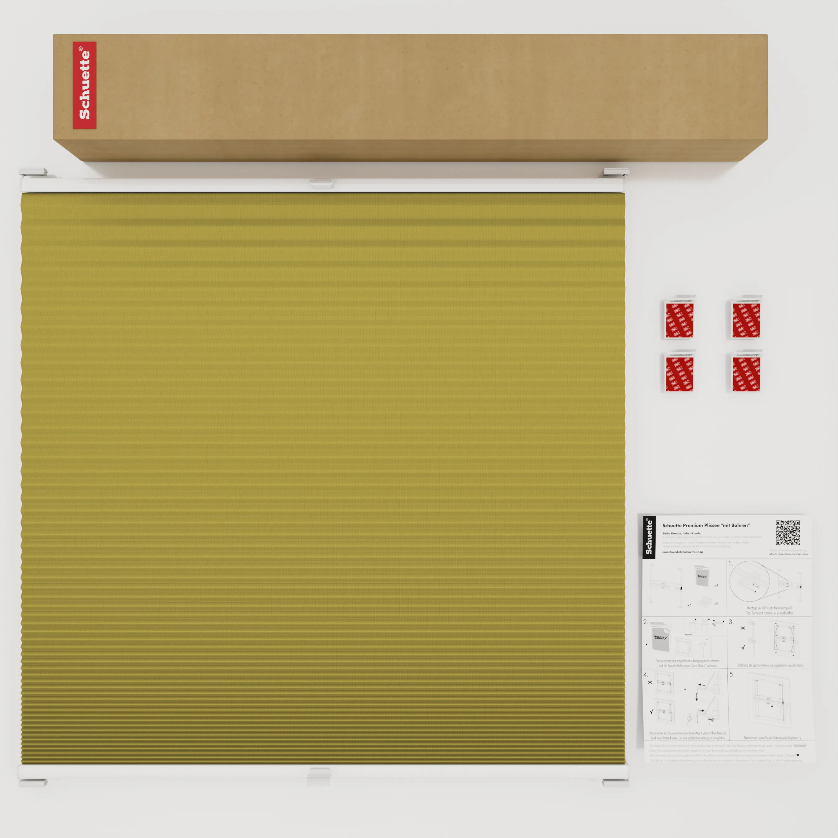 Schuette® Wabenplissee ohne Bohren nach Maß • Klebehalter & Schraubhalter 2in1 Set "Letsbond" • Honey Kollektion: Olive Branch (Olivgrün) • Profilfarbe: Silber