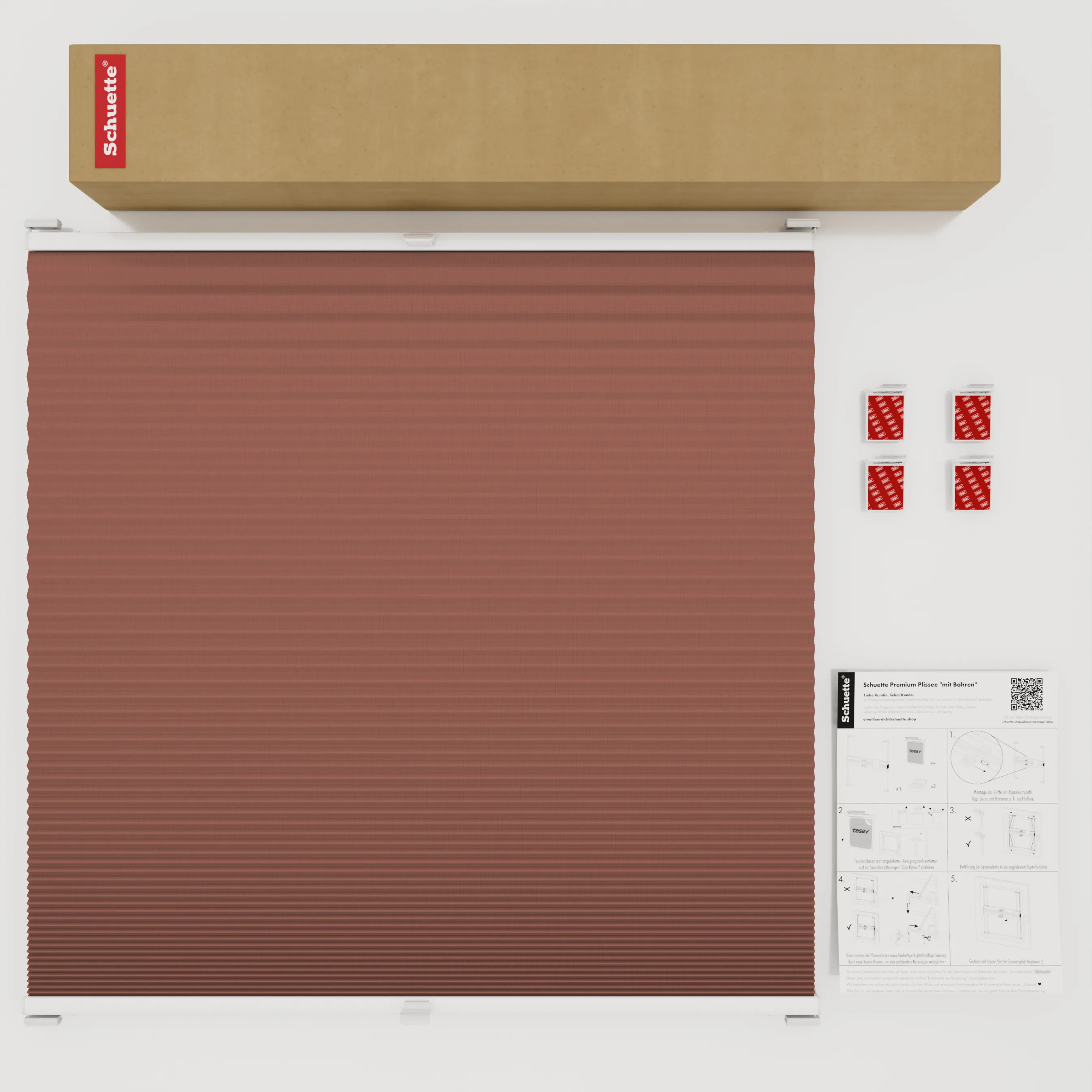 Schuette® Wabenplissee ohne Bohren nach Maß • Klebehalter & Schraubhalter 2in1 Set "Letsbond" Transparent • Honey Kollektion: Poppy Petal (Dunkelrot) • Profilfarbe: Weiß