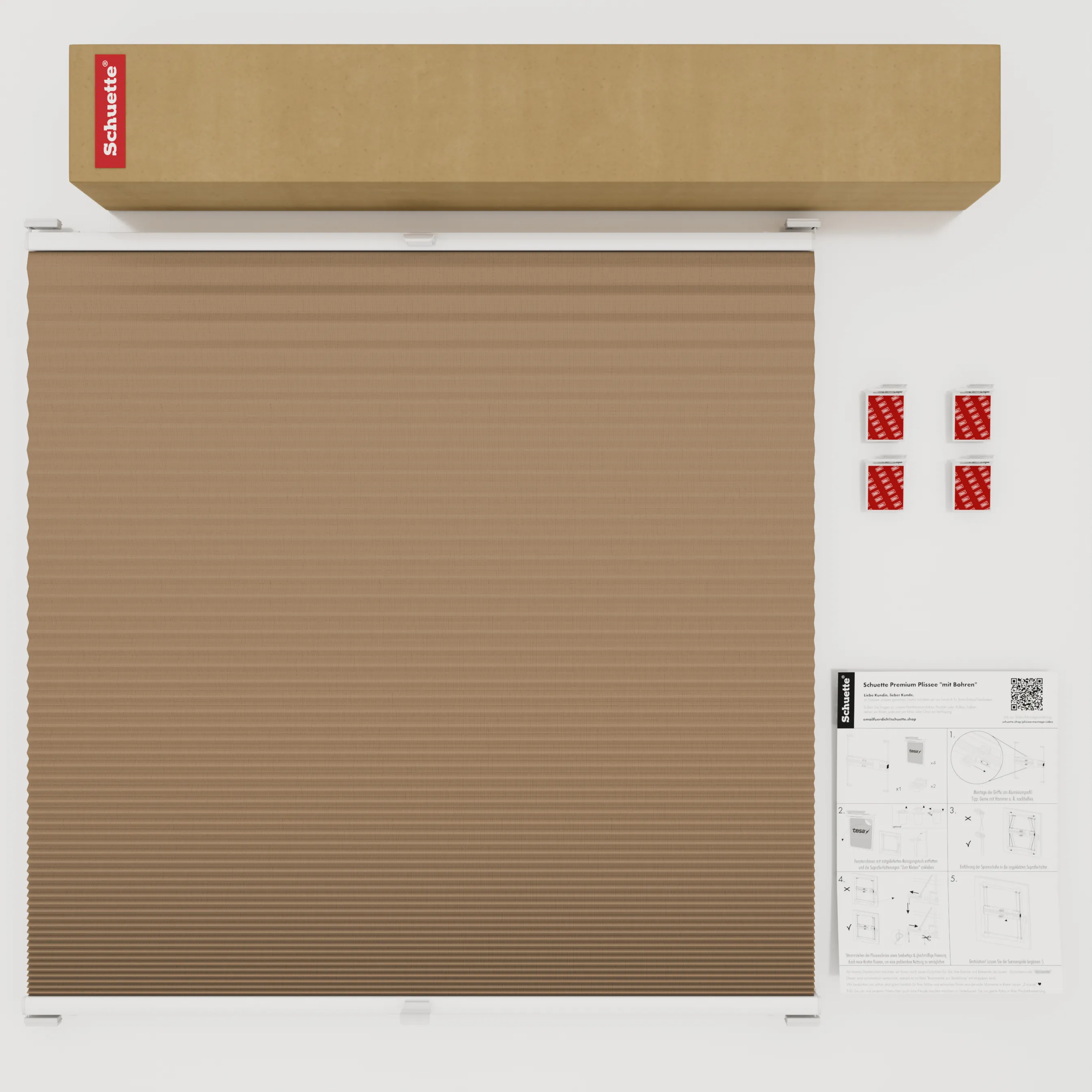 Schuette® Wabenplissee ohne Bohren nach Maß • Klebehalter & Schraubhalter 2in1 Set "Letsbond" Transparent • Honey Kollektion: Maple Wood (Braun) • Profilfarbe: Braun