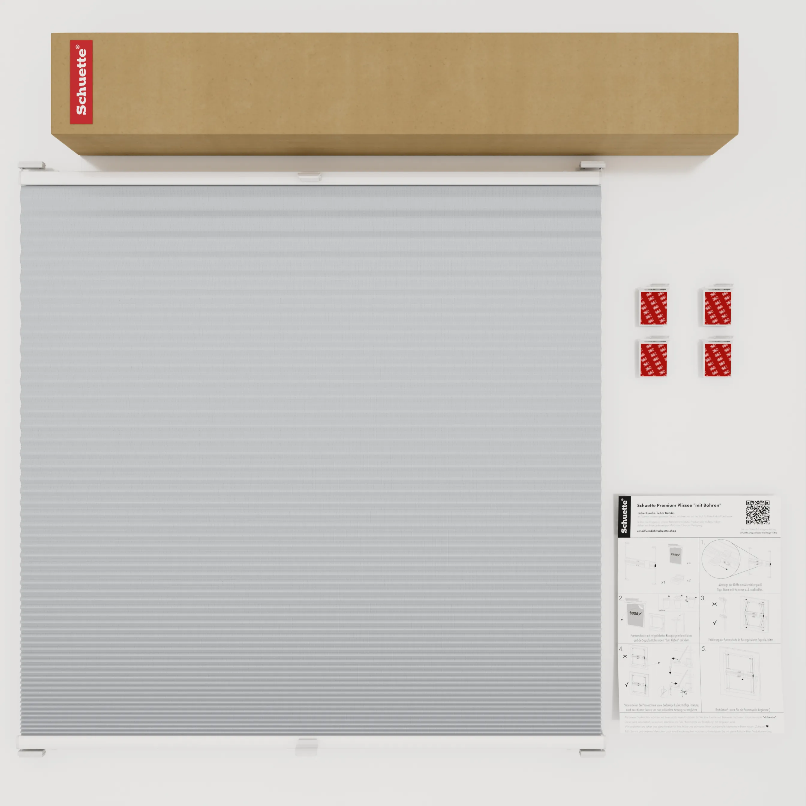 Schuette® Wabenplissee ohne Bohren nach Maß • Klebehalter & Schraubhalter 2in1 Set "Letsbond" Transparent • Honey Kollektion: Skyfall (Hellgrau) • Profilfarbe: Braun
