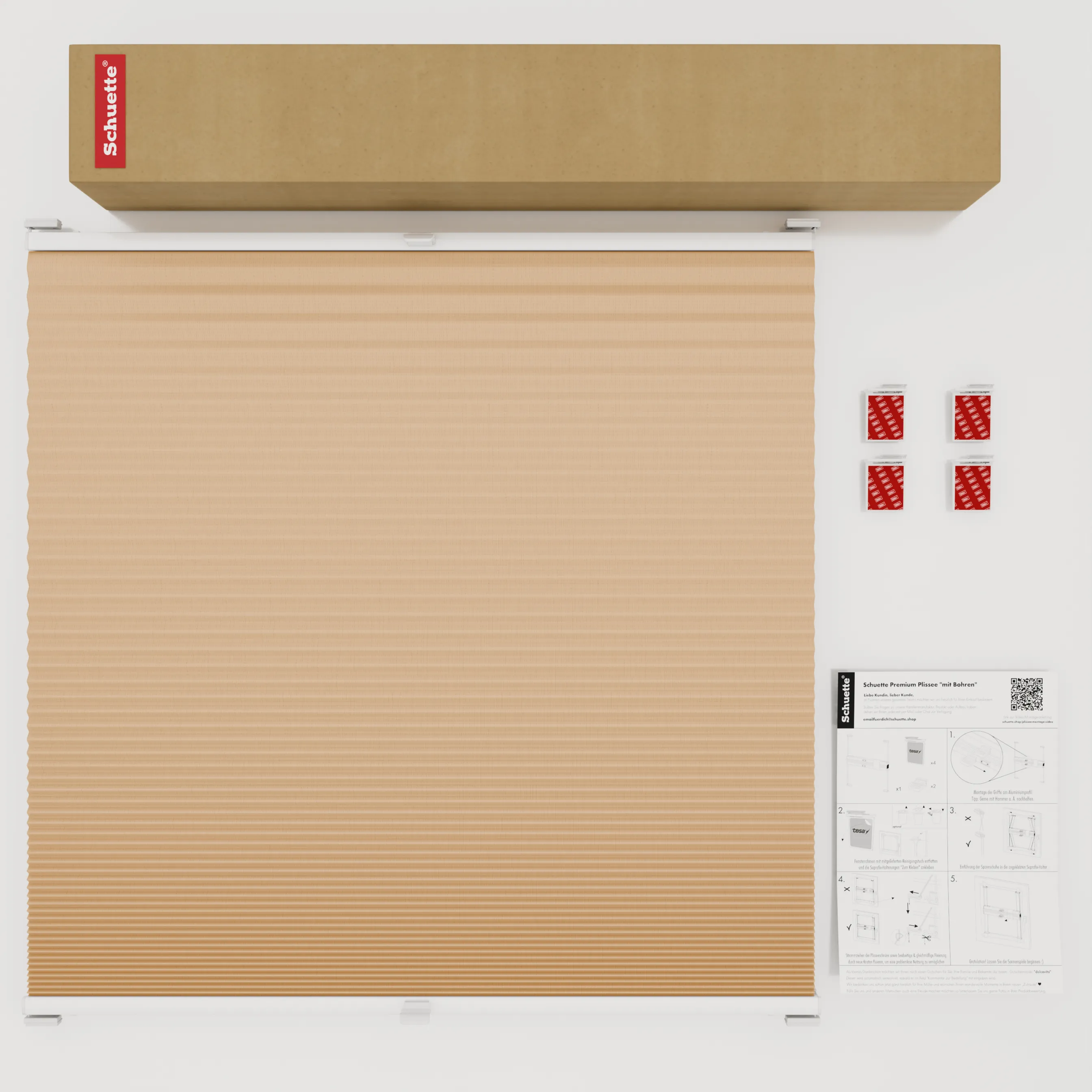 Schuette® Wabenplissee ohne Bohren nach Maß • Klebehalter & Schraubhalter 2in1 Set "Letsbond" Transparent • Honey Kollektion: Honeywood (Sand) • Profilfarbe: Walnuss