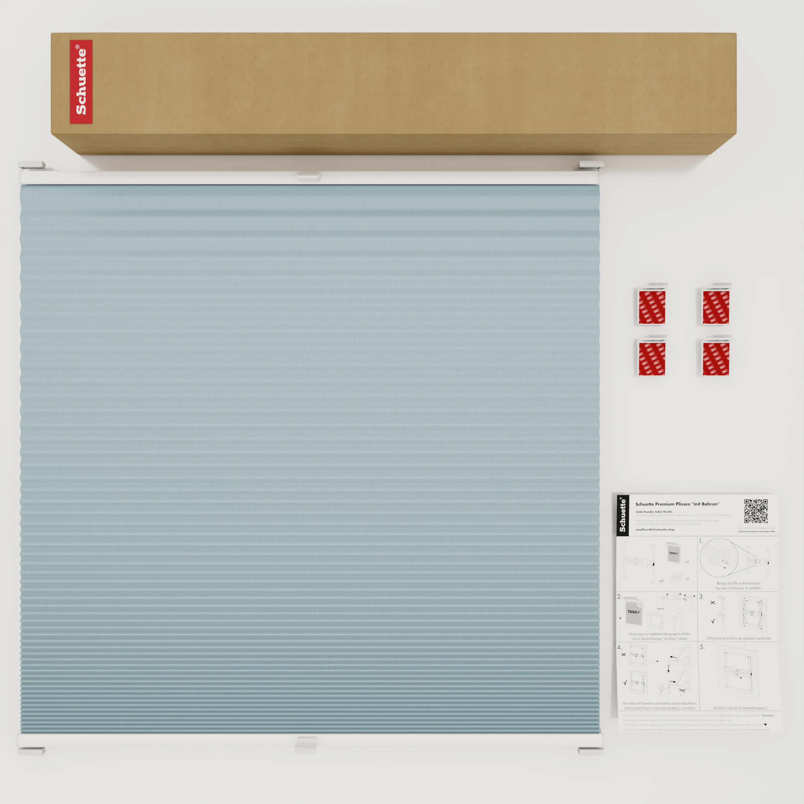 Schuette® Wabenplissee ohne Bohren nach Maß • Klebehalter & Schraubhalter 2in1 Set "Letsbond" • Honey Kollektion: Cloud Nine (Pastellblau) • Profilfarbe: Weiß