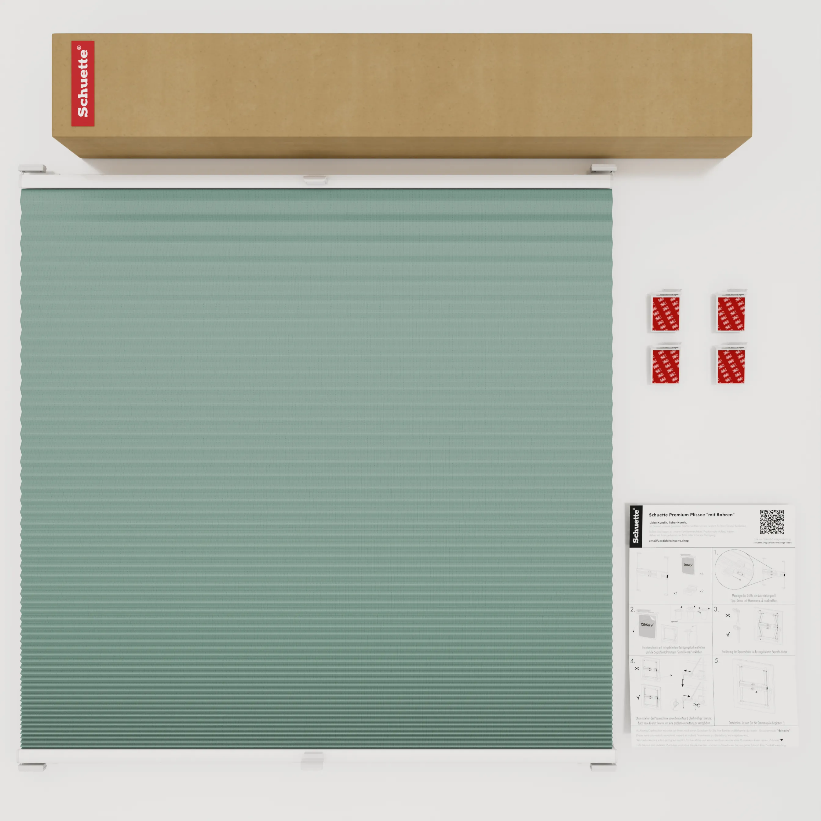 Schuette® Wabenplissee ohne Bohren nach Maß • Klebehalter & Schraubhalter 2in1 Set "Letsbond" • Honey Kollektion: Wicked Emerald (Blassgrün) • Profilfarbe: Walnuss