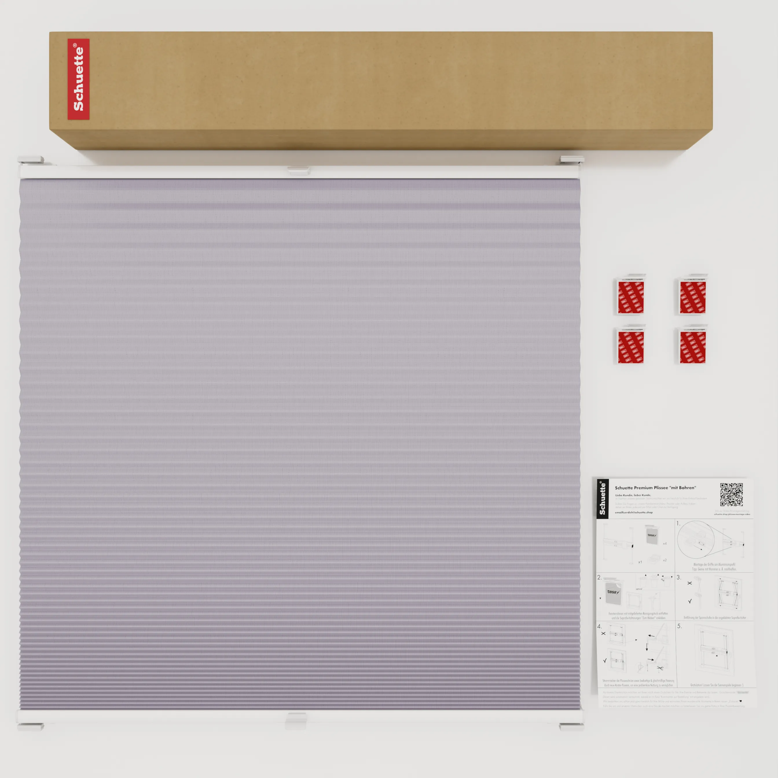 Schuette® Wabenplissee ohne Bohren nach Maß • Klebehalter & Schraubhalter 2in1 Set "Letsbond" Transparent • Honey Kollektion: Sakura Sky (Pastelllila) • Profilfarbe: Weiß