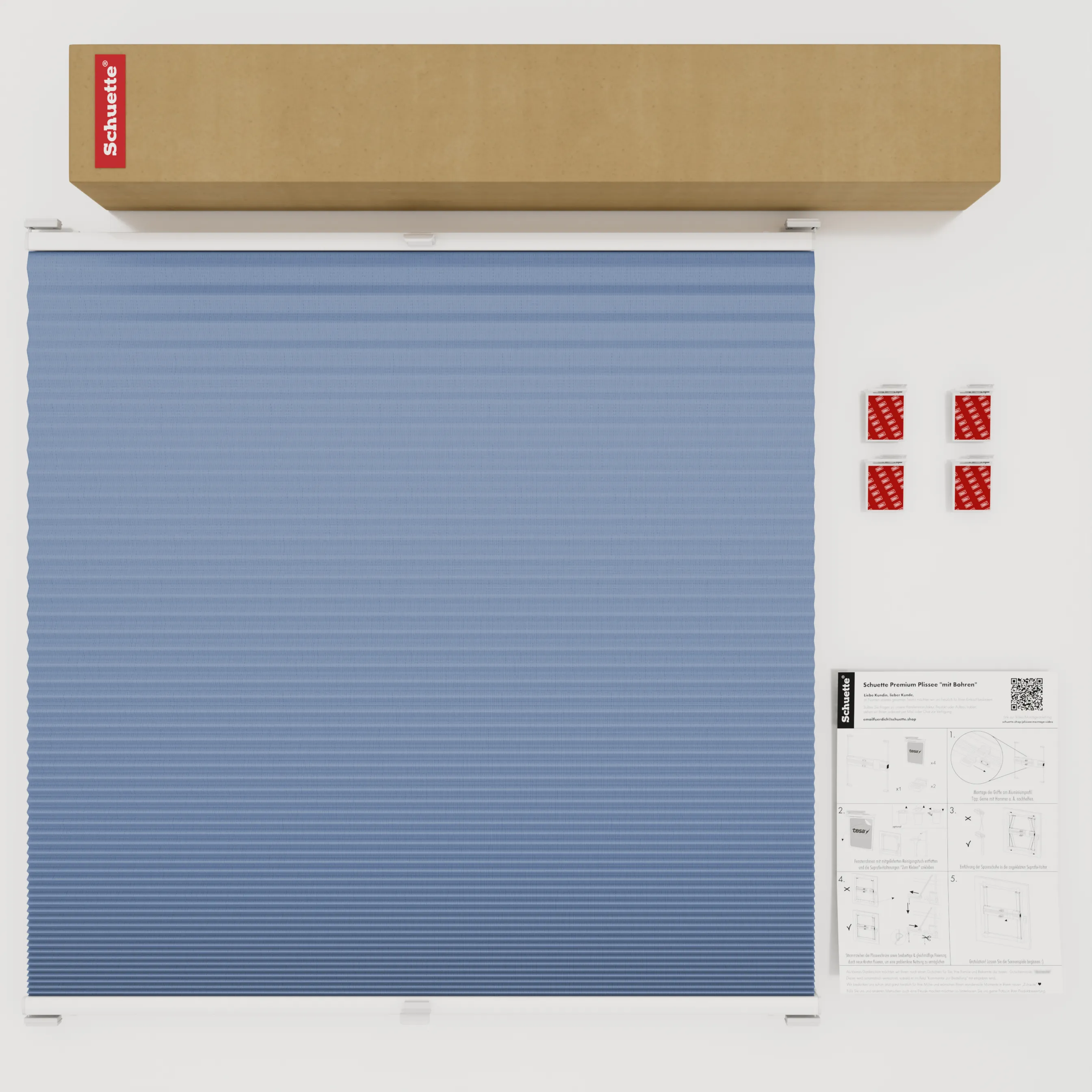Schuette® Wabenplissee ohne Bohren nach Maß • Klebehalter & Schraubhalter 2in1 Set "Letsbond" Transparent • Honey Kollektion: Ocean Drive (Hellblau) • Profilfarbe: Walnuss