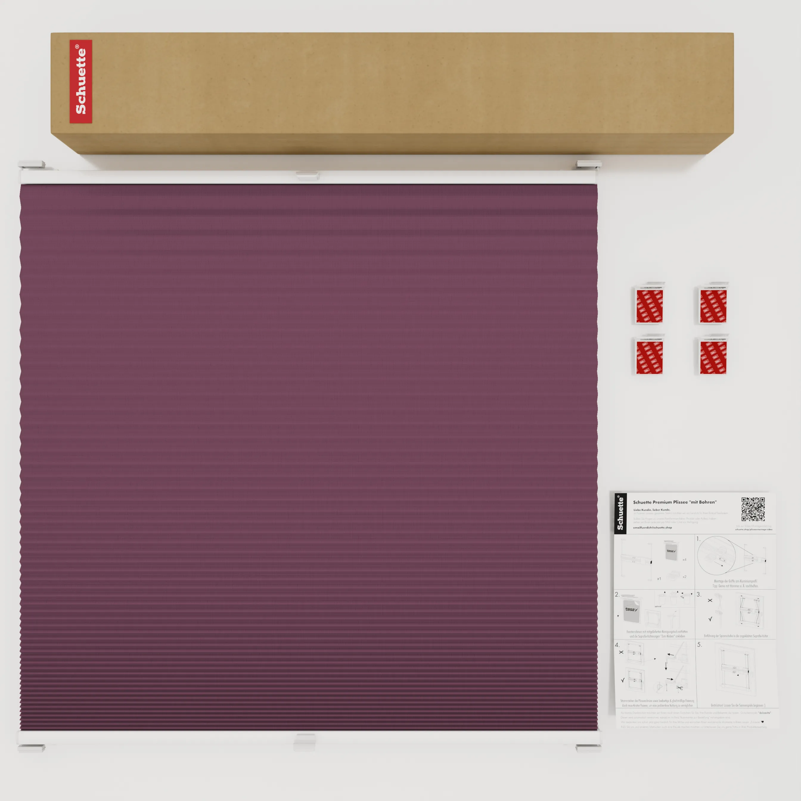 Schuette® Wabenplissee ohne Bohren nach Maß • Klebehalter & Schraubhalter 2in1 Set "Letsbond" • Honey Kollektion: Red Velvet (Purpurrot) • Profilfarbe: Braun